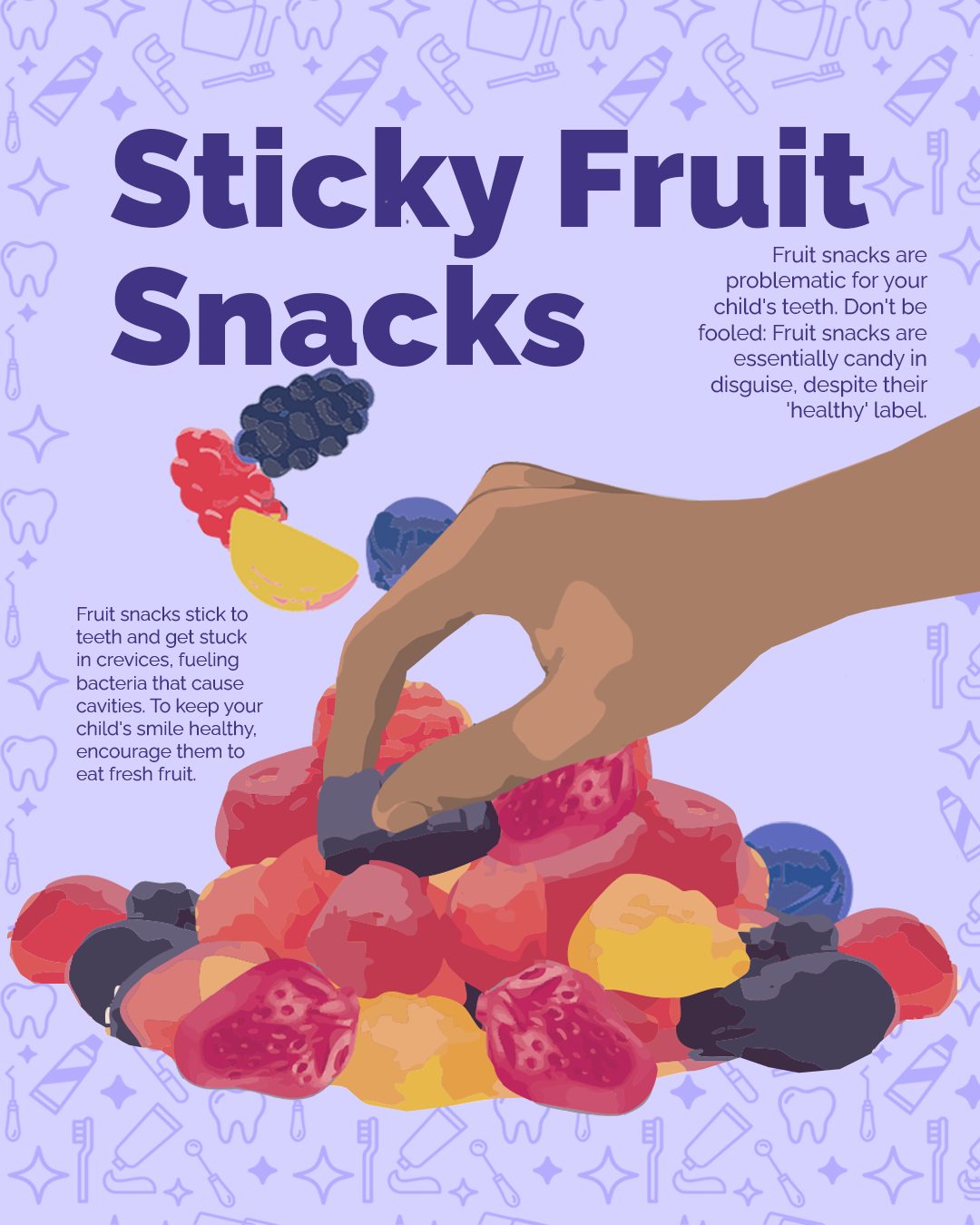 At Dr. Gila Dorostkar Pediatric Dentistry, we're dedicated to helping children develop healthy oral habits. Today, we're shining a spotlight on chewy fruit snacks!
Did you know that these sticky snacks can be particularly problematic for kids' teeth?
They stick to teeth for a long time, giving bacteria more time to feed and produce acid.
They're high in sugar, which fuels the bacteria that cause cavities.
They get stuck in the crevices of teeth, making them hard to clean.
To keep your child's smile healthy and bright:
Offer healthier snack options like fresh fruits, veggies, and cheese.
Limit chewy snacks like fruit leather to special occasions or events.
Encourage kids to rinse their mouths with water after eating fruit snacks.
Make sure they brush their teeth at least twice a day with a fluoride toothpaste.
Let's work together to keep those little smiles shining!
#pediatricdentistry #fruitsnacks #oralhealth #kidssmiles #healthysnacks #dentalcare #drgiladds