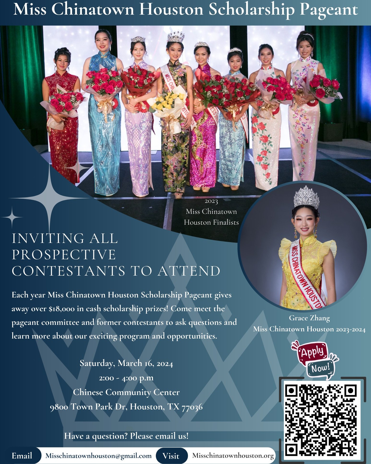 Interested in participating in the Miss Chinatown Houston Pageant? Come meet with the pageant committee and former contestants on Saturday March 16th @ 2:00pm! This is truly an unforgettable experience. Giving away over $18,000 in cash scholarships! Get a head start and apply today at https://misschinatownhouston.org/scholarship-application-form/