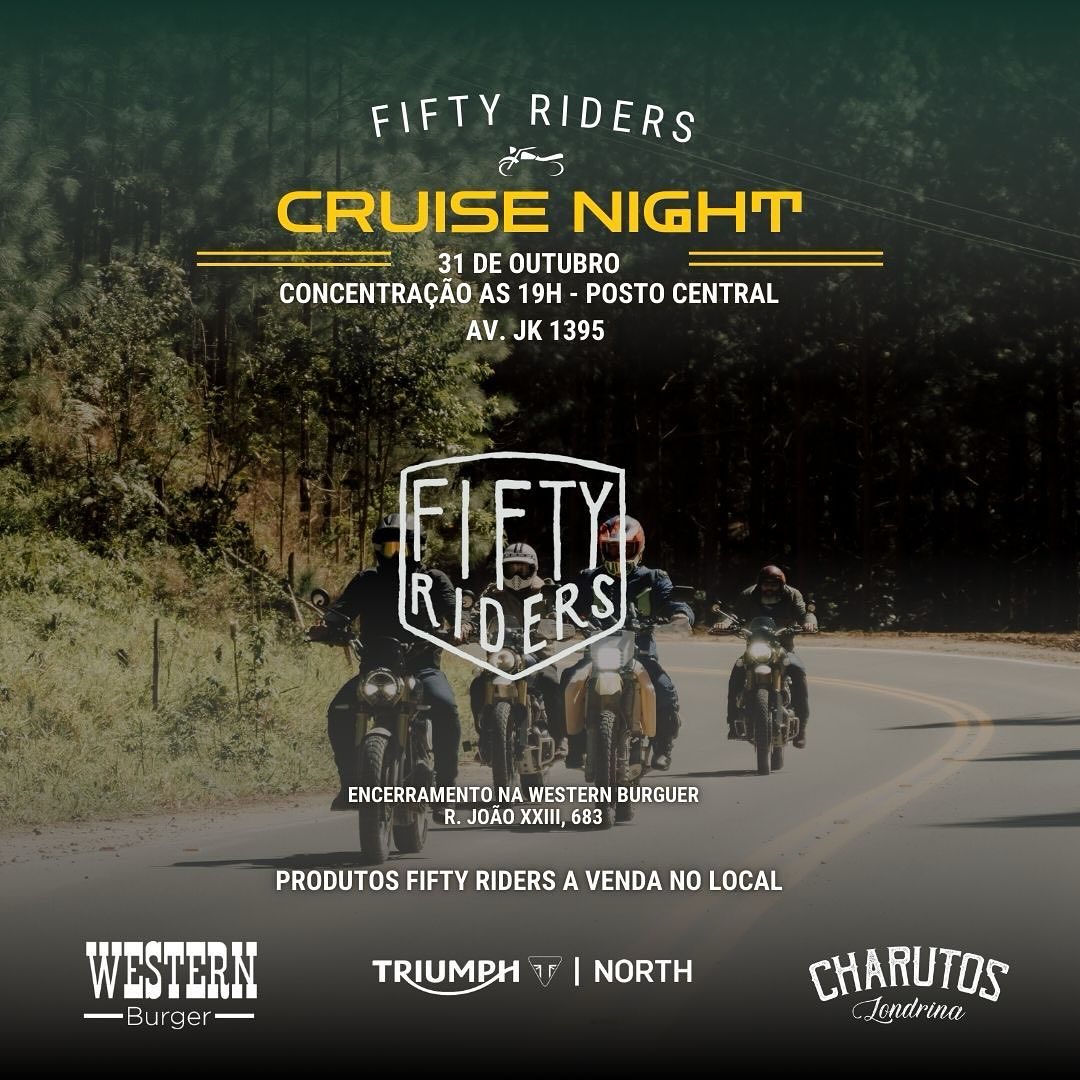 Dia 31 de outubro, às 19h, concentração para um rolê noturno com as motos iradas! No encerramento terá comes e bebes além da loja da Fifty Riders!! Participe! @ferreirafilho.marco @allan_oliveira @oedinhosantos @aledalua @lafaietedovale #londrina #fiftyriders #motos #motocicleta #rolenoturno #cruisenight