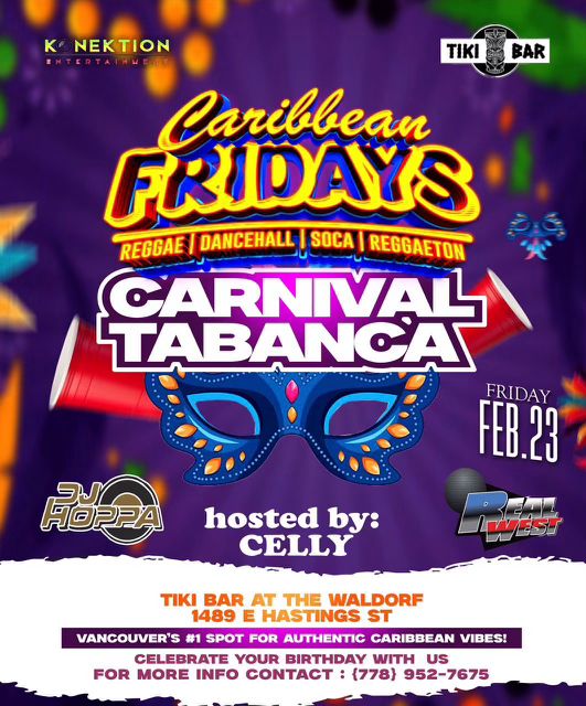 Today :Friday, Feb. 23! 💃🎉 Experience Carnival Tabanca with a mix of Reggae, Dancehall, Soca, and Reggaeton. Hosted by Celly, it's the hottest spot to celebrate your birthday or just kick off the weekend. Join us at Tiki Bar at The Waldorf for a night where the rhythm never stops!
.
.
.
#CaribbeanFridays #CarnivalVibes #tikibar #dancethenightaway #yvrnights