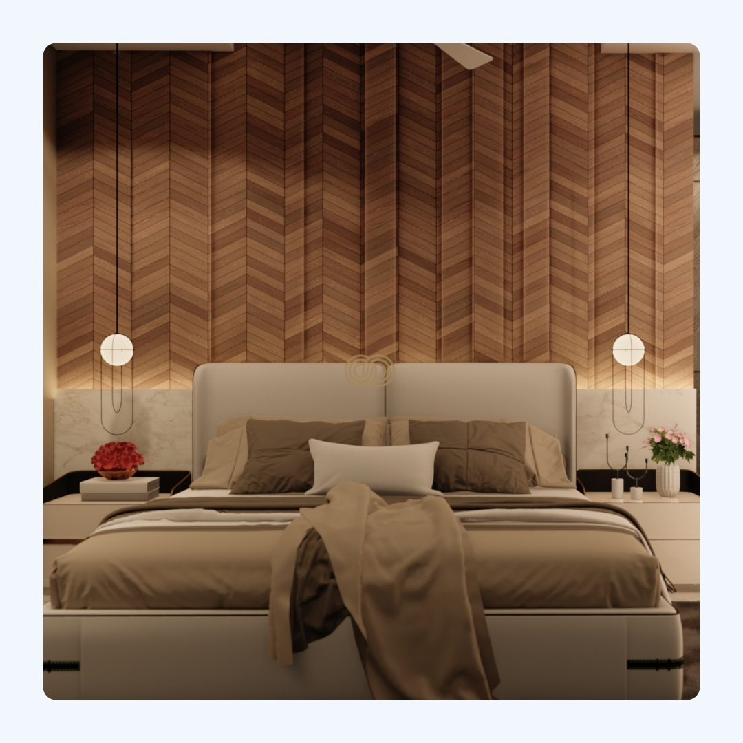 The warmth of the chevron wood-panel wall creates a beautiful backdrop for this bedroom, making it the perfect retreat. The play of light and shadows adds depth, while the minimalist decor keeps the focus on relaxation. Every detail here, from the sleek pendant lights to the soft, neutral bedding, is designed to help you unwind in luxury. This bedroom isn’t just a place to sleep—it’s a personal escape.
How do you unwind after a long day? Share your thoughts below and explore more of our restful designs. 🛏️✨
#LuxuryInteriors #LuxuryLiving #Tronhomes #ArchitecturalDesign
#InteriorArchitecture