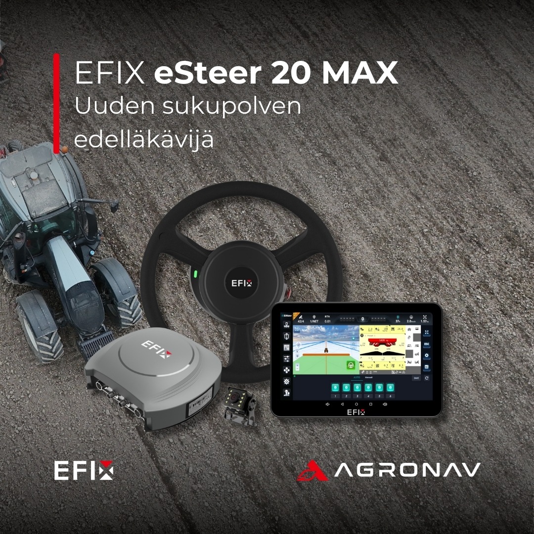Uusi sukupolvi on täällä ja valmiina toimitukseen heti varastosta! 🌾🚜
EFIX eSteer 20 MAX -automaattiohjausjärjestelmä tarjoaa täysin uuden automaattiohjauskokemuksen. Kevyt ja ohut moottori sekä 12,1-tuumainen tehokas näyttö tekevät käytöstä mukavaa ja tehokasta.
Uusi ohjausmoottori on vain 58mm korkea, jonka avulla etäisyys hallintalaitteisiin pysyy entisellään. Miellyttävä ohjauspyörä säilyttää koneen alkuperäisen ajotuntuman.
Moderni 12,1 tuumainen näyttö on varustettu tarkalla ja kirkkaalla näytöllä sekä tehokkaalla prosessorilla. Suuri näyttö on suuniteltu erityisesti suoriutumaan vaativassa ISOBUS käytössä, jossa se voi hallita jopa 255 lohkoa.
Vastaanotin tarjoaa tuttuun tapaan monipuoliset GNSS-valmiudet. EFIX ESR-2 on all-in-one, Dual GNSS vastaanotin. eSteer mallit ovat aina RTK valmiita vakiona ja varustettu 4G moduulilla. H-PPP tarkennuksella käytössäsi on aina ±5 cm tarkkuus ilmaiseksi. Lisäksi uusi maksullinen EFIX-PPP korjaus mahdollistaa ±2,5 cm tarkkuuden ilman RTK-tarkennusta.
#automaattiohjaus #agronav