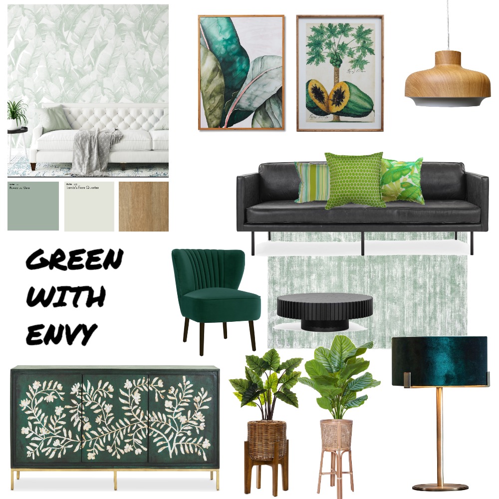 Monthly Mood - Green with Envy featuring the stunning Raja Mother of Pearl Sideboard by Lounge Lovers, Ivy Green Slipper Chair by Temple & Webster, Banana Leaf Palms Green Wallpaper by Olive et Orieland and wall art by Oz Design. #ditaylorinteriors #interiordesign #homedecor #interiordesigner #decoration #interiorstyling #homesweethome #inspiration #interiordecorating #sydneyinteriordesigner