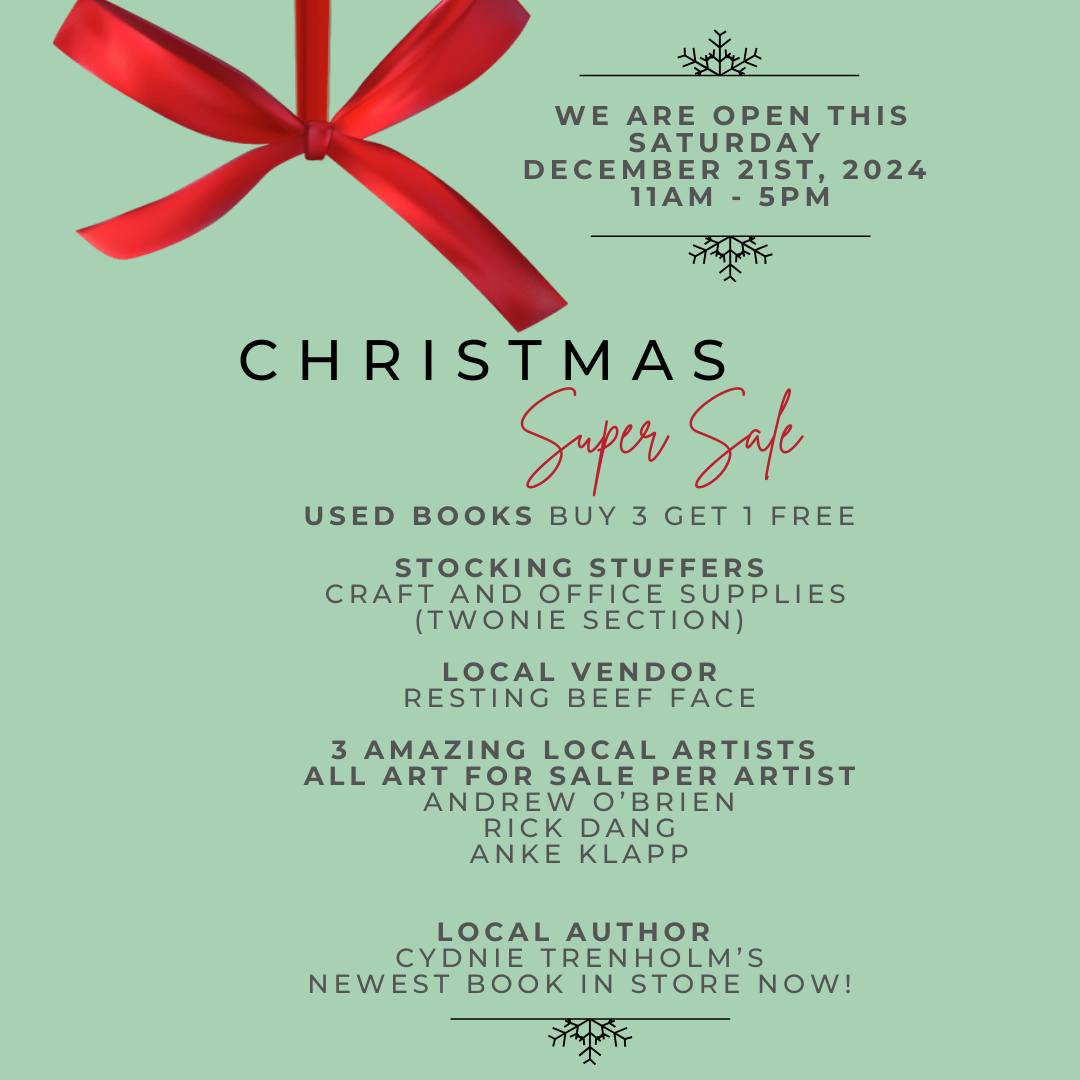 Last weekend before Christmas! Come down and visit us at Sundre's newest bookstore. We have Toonie section of craft and office supplies that would make great stocking stuffers and used books are buy 3 get 1 free all day! Open 11-5pm #ShopLocal #blendedsolutionssundre #RestingBeefFace #andrewobrienart #cydnietrenholm
