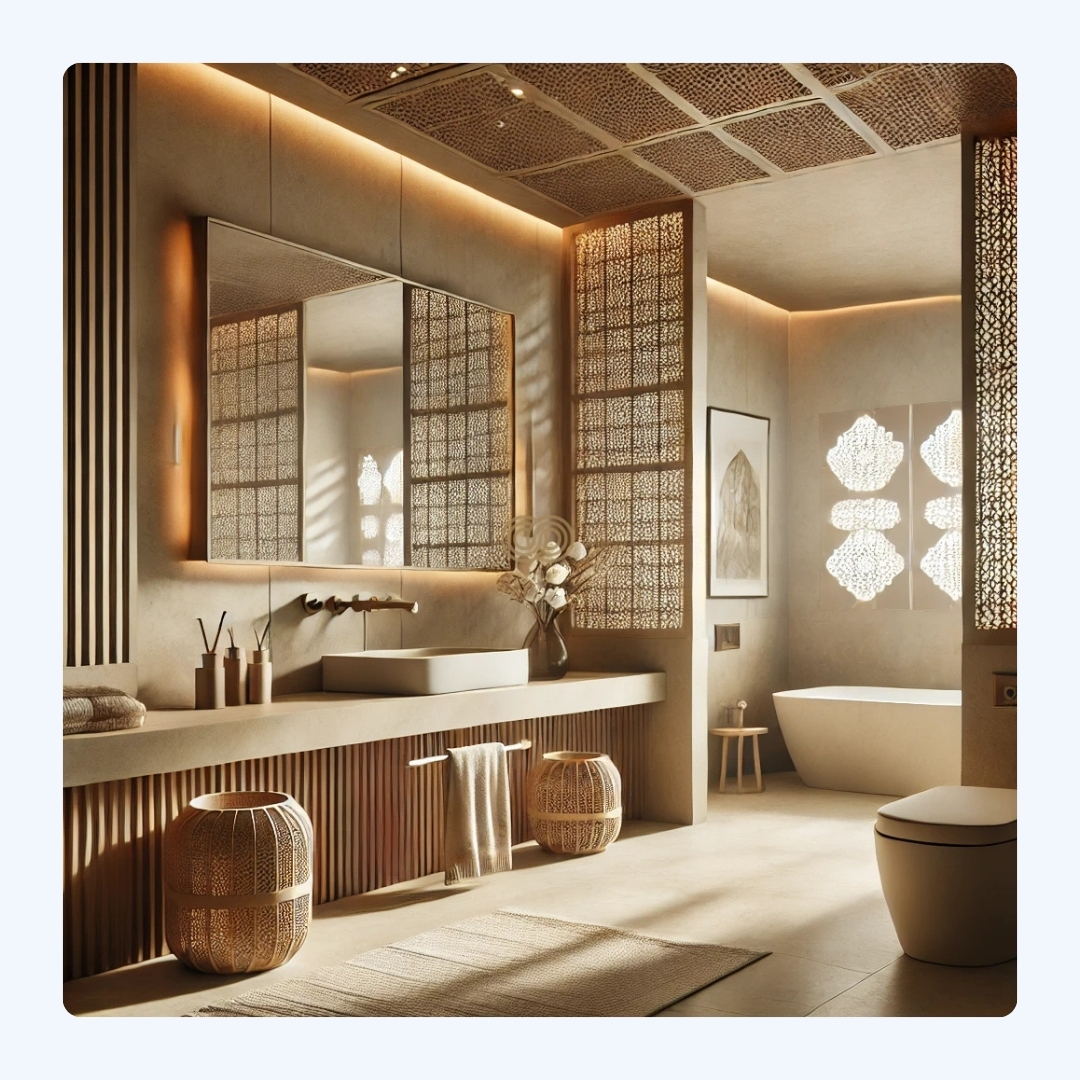 Step into a space that exudes calm and elegance, where modern design meets traditional Indian influences seamlessly. This bathroom is a perfect example of minimalist luxury, with clean lines, soft neutral tones, and intricate jali-patterned panels that provide a subtle nod to Indian craftsmanship. With its sleek rectangular sink, the floating vanity is paired with a large mirror that enhances the sense of openness, while the soft ambient lighting adds warmth and intimacy.
A freestanding bathtub in the corner invites you to unwind, and the thoughtfully curated decor, such as the sculptural baskets and delicate flower arrangement, adds a personal touch. The design focuses on functionality without compromising beauty, making this space a serene retreat that balances style with simplicity.
✨ Save this image for your dream home inspiration, and share it with someone who appreciates refined design!
#LuxuryInteriors #LuxuryLiving #Tronhomes #ArchitecturalDesign
#InteriorArchitecture