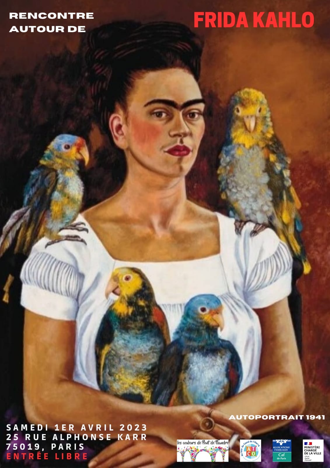 Ami-es des Couleurs,
Nous vous invitons à venir découvrir ou re-découvrir à travers une réunion culturelle participative : Frida Kahlo dans son époque, suivie d'un moment convivial.
LE SAMEDI 1er AVRIL à 15h
25 RUE ALPHONSE KARR 75019
Dans un premier temps, Philippe Bua vous racontera sa vie, ses amours sa mexicanité, ses engagements sociaux, politiques et féministes.
Ensuite, lors de cette réunion vous pourrez, si vous le désirez, présenter un ou deux tableaux qui vous tiennent à cœur. Les tableaux de Frida sont accessibles très facilement sur Internet à partir d’un moteur de recherche.
PS : si vous avez fait un choix de présentation, envoyez un courriel pour éviter les redondances de sujet. (Pour les tableaux, indiquer le nom de ceux-ci et leurs années)
philippebua@orange.fr