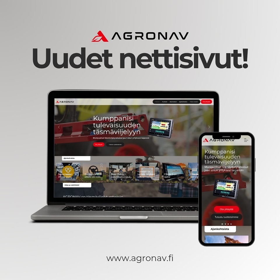 Halusimme aloittaa vuoden 2025 uudella ilmeellä! Nopeimmat huomasivatkin jo päivitetyn logon, mutta nyt pitkään valmistelemamme uudet nettisivut ovat valmiit ja julkaistu!
Uusilla sivuilla on päivitetty ulkoasu, uusi ajankohtaista sivu ja entistä laajemmin tietoa tuotteistamme! Halusimme panostaa siihen, että sivuilta löytyy helposti kaikki tarvittava tieto.
Nettisivuilla saattaa löytyä myös jotain uutta, lisää somessa lähipäivinä!
Käykää tutustumassa ja kertokaa, mitä mieltä olette! Palaute on meille tärkeää, ja haluamme jatkuvasti parantaa palveluitamme teidän toiveidenne mukaan.
#agronav #efix #automaattiohjaus #täsmäviljely #maatalous