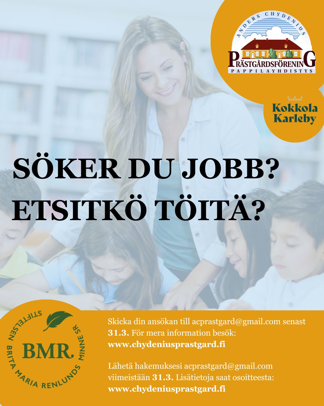 Sve/Fin
Anders Chydenius prästgårdsförening r.f. söker en pedagog på heltid för Anders Chydenius Demokratiskolas start-up-projekt under perioden 1.8.2025–31.7.2027.
Demokratiskolans start-up-projekt finansieras av Stiftelsen Brita Maria Renlunds minne r.f. och syftar till att stärka barns och ungas färdigheter i demokratiskt tänkande. Detta sker bland annat genom att erbjuda undervisningspaket och tematiska sekvenser i demokratifrågor för grundskolor. Undervisningen leds i första hand av Demokratiskolans egen pedagog, som undervisar i pilotskolornas närmiljö och på Kyrkbacken.
Vi söker dig som:
- har en klasslärarutbildning eller pedagogiska studier som bakgrund.
- kan arbeta på både finska och svenska.
- har körkort och tillgång till bil.
Vi ser gärna att du:
- är kreativ och självgående.
- har ett intresse för samhälle och demokrati.
- vill arbeta med barn och unga.
- är mångsidig i ditt arbetssätt.
För mer information:
www.chydaniusprastgard.fi
_______________
Anders Chydeniuksen pappilayhdistys r.y. Kokkolassa hakee kokopäiväistä pedagogia Anders Chydeniuksen Demokratiakoulun käynnistysprojektiin ajalle 1.8.2025–31.7.2027.
Demokratiakoulun start-up-hanketta rahoittaa Stiftelsen för Brita Maria Renlunds minne r.f., ja sen tavoitteena on vahvistaa lasten ja nuorten demokraattisen ajattelun taitoja. Tämä toteutetaan muun muassa tarjoamalla peruskouluille opetuskokonaisuuksia ja teemallisia jaksoja demokratia-aiheista. Opetuksesta vastaa ensisijaisesti Demokratiakoulun oma pedagogi, joka opettaa pilottikoulujen lähiympäristössä ja Kirkonmäellä.
Etsimme sinua:
• ... joka on suorittanut luokanopettajan tai aineenopettajan pätevyyden.
• ... joka pystyy työskentelemään suomen ja ruotsin kielillä.
• ... jolla on ajokortti ja auto käytettävissä.
Toivomme sinulta:
• Luovuutta ja oma-aloitteisuutta.
• Kiinnostusta yhteiskuntaan ja demokratiaan.
• Halua työskennellä lasten ja nuorten kanssa.
• Monipuolista työskentelyotetta.
Meillä pääset mukaan muovaamaan demokratiakoulun tulevaa toimintaa ja edistämään demokraattisempaa ja tasa-arvoisempaa yhteiskuntaa. Hae mukaan nyt!
Lisätietoja:
www.chydaniusprastgard.com