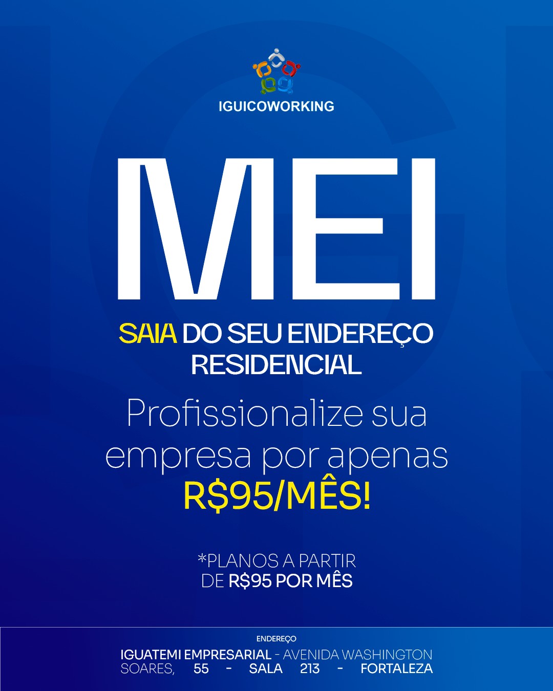 MEI, saia do seu endereço residencial!
Registrar sua empresa no seu endereço de casa pode parecer simples, mas pode trazer riscos como falta de credibilidade, fiscalização e restrições bancárias.
Por apenas R$95/mês, você garante um endereço fiscal estratégico, profissionaliza sua empresa e ainda conta com o recebimento e gestão de correspondências! 💼
Invista no crescimento do seu negócio, entre em contato:
📲 (85) 98224-9406
📍 Torre Empresarial Iguatemi - Av. Washington Soares, 55 - Sala 213 - Fortaleza - Ceará
#EndereçoFiscal #IguiCoworking