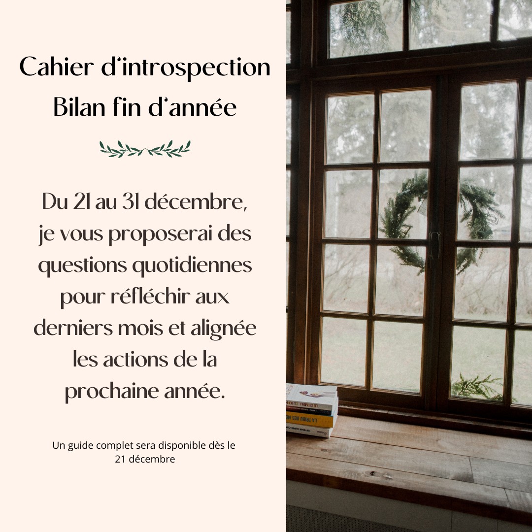 Depuis une dizaine d'année, je chemine dans mon parcours d'éveil de conscience! ✨
Pour mieux se connaitre, il faut être capable de prendre du recul et s'observer. Un de mes outils préférés est assurément l'écriture.
Avec l'arrivée du temps des fêtes et la fin d'année, je vous ai préparé un cahier d'introspection pour réaliser votre bilan des derniers mois.
Dès le 21 décembre, vous pourrez avoir accès à ce cahier. Pour être certain, certaine de vous le procurer gratuitement, il suffit d'être abonné à mes outils gratuits ou à mon infolettre mensuelle.
Des intéressés? 👀
Du solstice, 21 décembre au 31 décembre, je publierai chaque jour les réflexions et questions du jour sur Instagram.