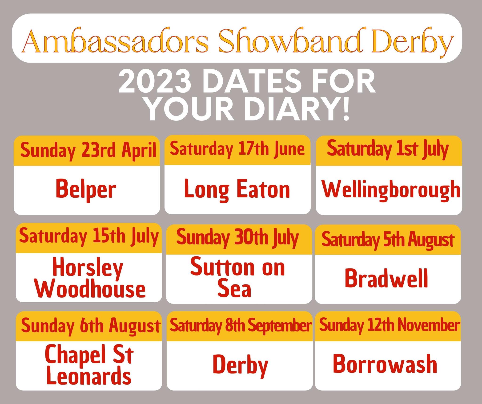 Dates for your diary! 2023 season!
#instagram #ambassadorsshowbandderby #ambassadorsshowband #instrument #marchingband #redblackandgold #ukband #diary