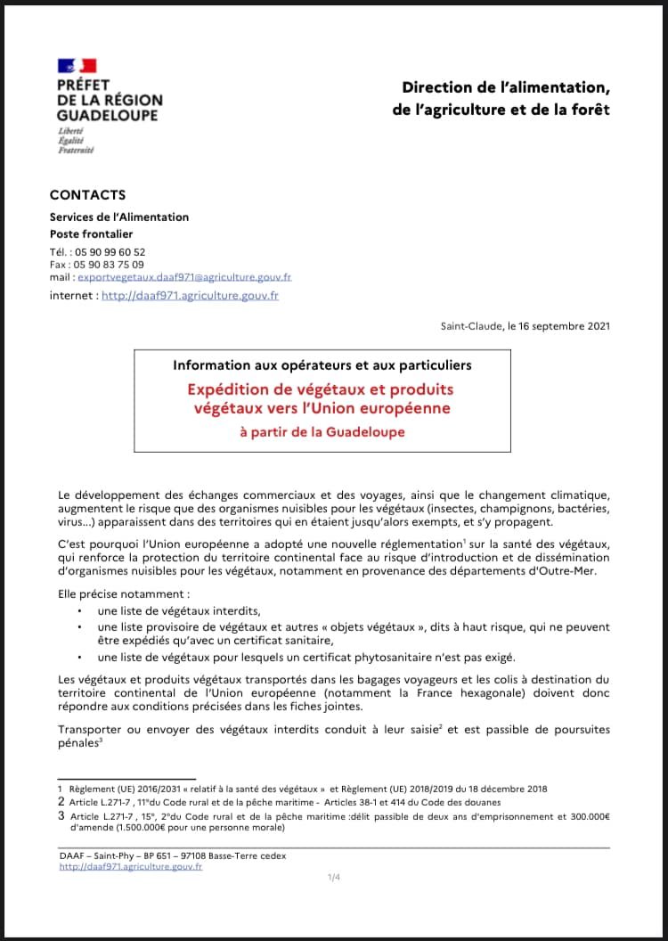 Bonsoir
Petit rappel de la législation sur l’export de végétaux depuis la Guadeloupe