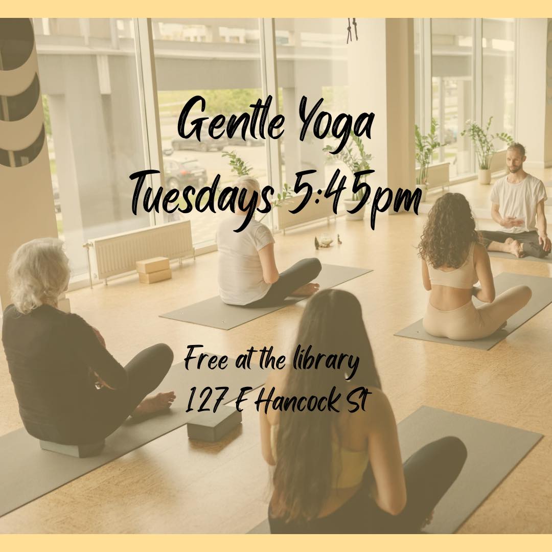 Happy New Year! Start the year off right with Gentle Yoga at the library. Free each week on Tuesdays at 5:45 pm at the Hancock Branch (127 E Hancock St). Mats are provided or feel free to bring your own. This practice typically remains seated or lying on the floor. Appropriate for beginners and a great way to start your practice!
#healthybodyhealthymind #healthy #moveyourbodyeveryday #healthybodyandmind #changeyourmindchangeyourlife #healthybody #takeadeepbreath #healthybodyhealthymindhealthysoul #healthybodyhappymind #moveyourbody #justbreathe #changeyourlife