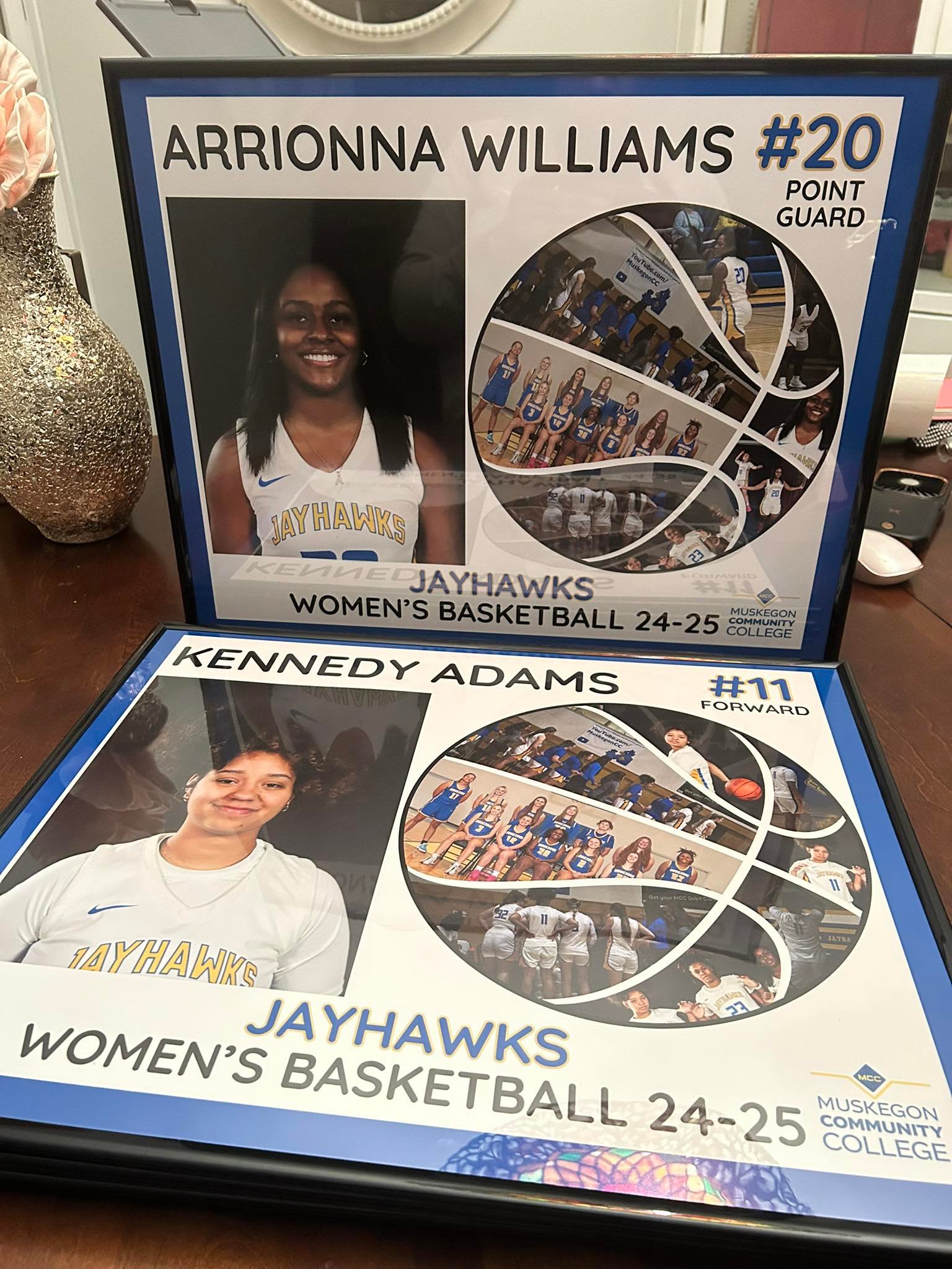 Thank you Kiley Jackson, Nia and Muskegon Community College Women's Basketball for trusting The Fiery Collection to make your items for Sophomore night!! Custom blanks, plaques and tumbler cups. #GoJayhawks #Womensbasketball #MCC
