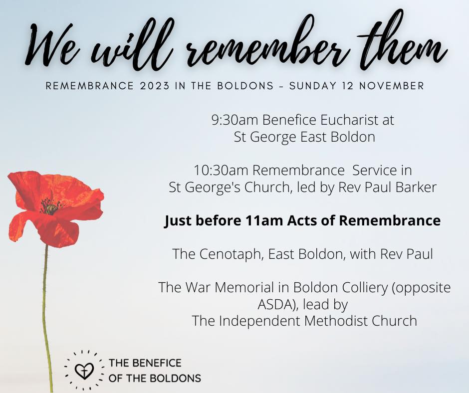 Please find details below for Remembrance Sunday Services in the Boldons. #WeWillRememberThem