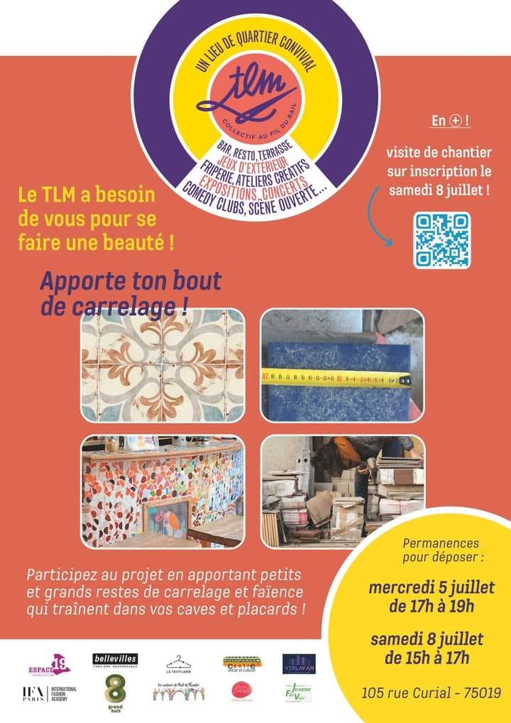 Apporte ton carrelage !! 😀😀
Le TLM - Collectif Au Fil Du Rail
(mercredi 5 juillet 17h à 19h et samedi 8 juillet 15h à 17h)
Visite du site sur inscriptions
🔀🔀via le flash code⬇️⬇️