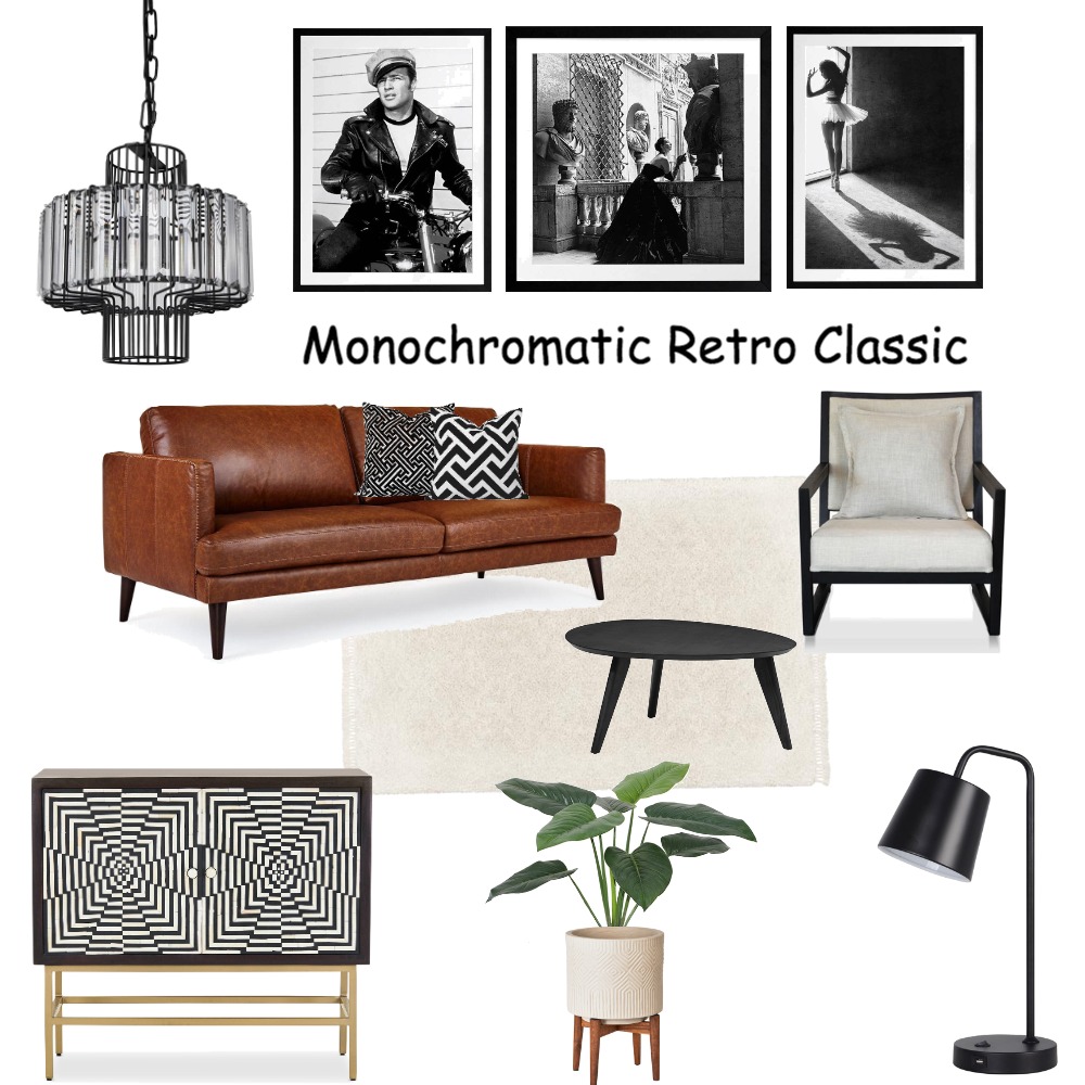 Monthly Mood - Classic Retro in Black and White, featuring wall art by Urban Road, Fiona Pendant Light by Just Light Me, Cannes Arm Chair by James Lane and Hugo Leather Sofa by Lounge Lovers. #ditaylorinteriors #interiordesign #homedecor #interiordesigner #decoration #interiorstyling #homesweethome #inspiration #interiordecorating