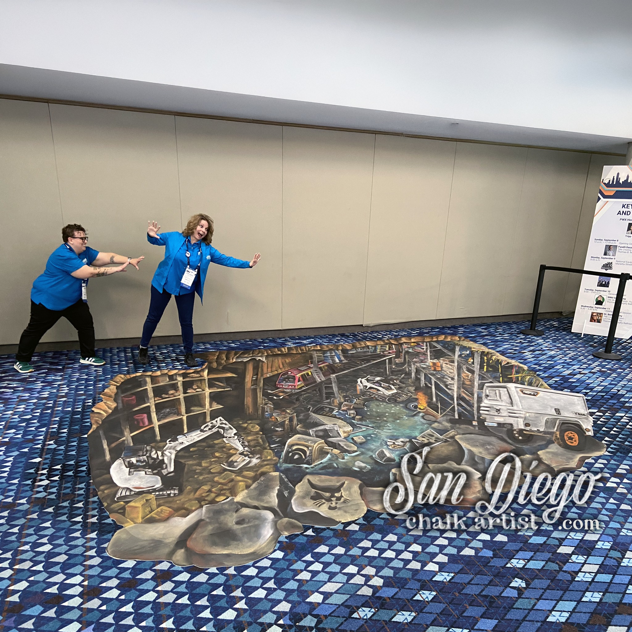 Made this 3d chalk art for the #PWX2024 conference. The piece was sponsored by the Bobcat Company and showed three of their products helping repair a dilapidated city. I've included some detail shots and photos from the wrong perspective so you can see the distortion of the piece in real life. Through a camera lens, the image is forced to look 3 dimensional, like there's really a hole in the ground!
#atlantachalkartist #atlchalkartist #sandiegoartist #sandiegochalkartist #sandiegochalkart #chalkart #3dchalkart #3dchalk #3Dchalkartist