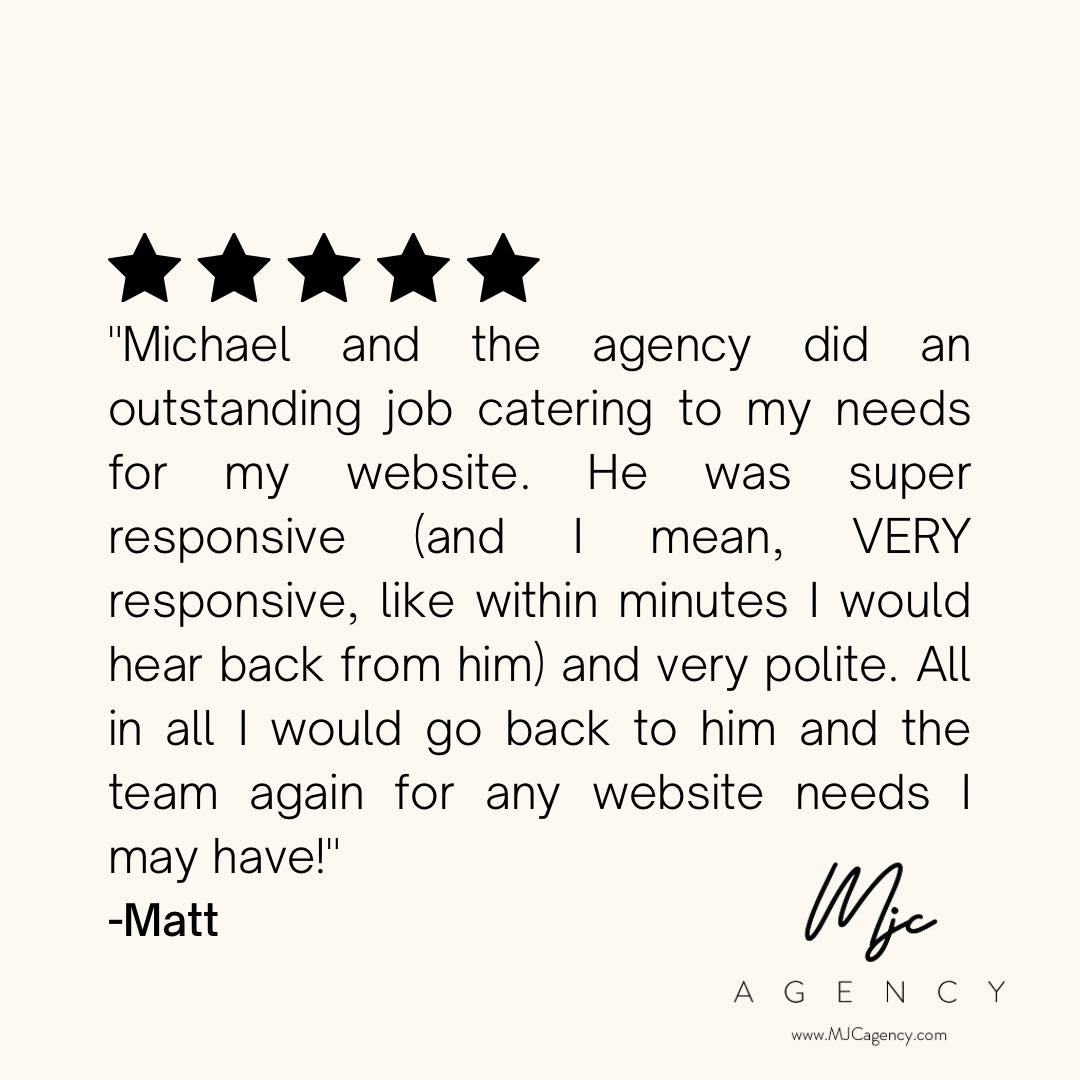 💬Thank you so much for your review, Matt! We love hearing from our clients and are so happy when we meet all of their expectations. Customer #satisfaction is our top priority at MJC Agency. Contact us today for help with your Wix #website or #logodesign!💬
.
.
.
#wixwebsitedesign #wixstudioplatfrom #studioplatform #customerreview #happyclient #webdesign #webdesigninfo #visualdesign #interfacedesign