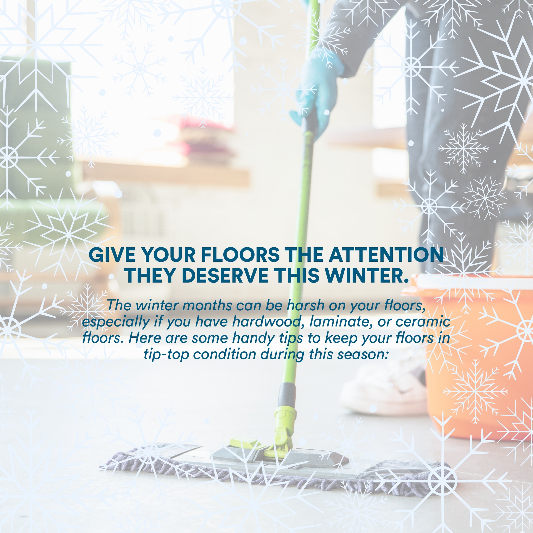 Take care of your floors this winter! ❄️
The cold months can be tough on our floors, but we can maintain their beauty and functionality with some care and attention. 🏡💖
Here are some practical tips:
1️⃣ Place absorbent mats at entrances to prevent moisture from damaging your floors.
2️⃣ Sweep and clean regularly to prevent scratches and stains.
3️⃣ Use appropriate products and avoid abrasives to keep your floors looking new.
4️⃣ Apply sealant or wax on hardwood floors to protect them from water.
Don't let winter affect your home! Follow these tips and make sure your floors look spotless all season long. 🍂✨
Need professional help? We're here for you! Contact us to learn more about our cleaning services. 📞🧹
#FloorCare #Winter #Cleaning #CleanHome #CleaningTips