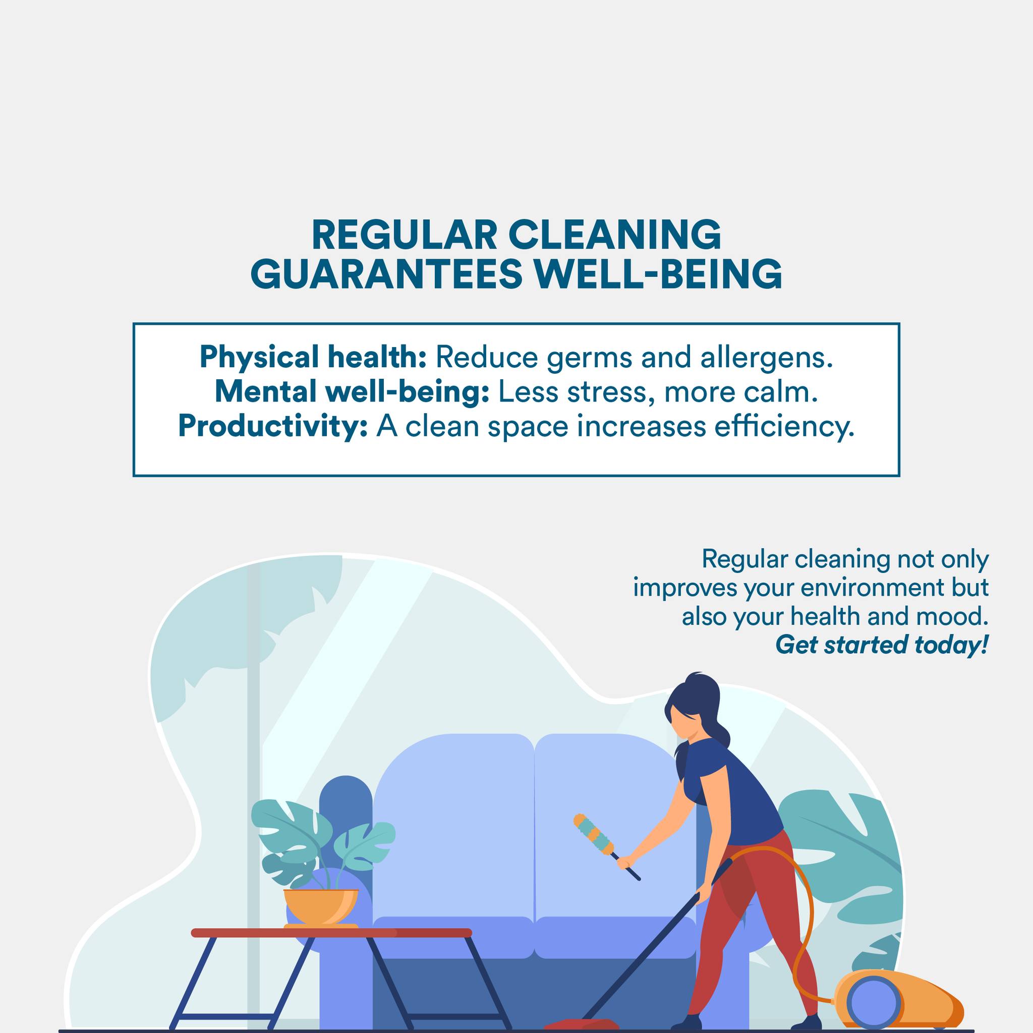 A clean environment is more than just a good first impression. It is essential for your health and well-being. 🧘♀️✨
🌱 Whether it's in your home or office, the benefits of regular cleaning are countless. Take care of your health, reduce stress, and increase the productivity of everyone who shares the space.
Would you like to get a deeper clean in your home or office? Contact us and make your space a healthier place! 💼🏠
#WellnessAtWork #RegularCleaning #HealthAndWellness #HealthyEnvironments #OfficeCleaning #CleaningAtHome #CleanSpaces #MentalHealth #Productivity
