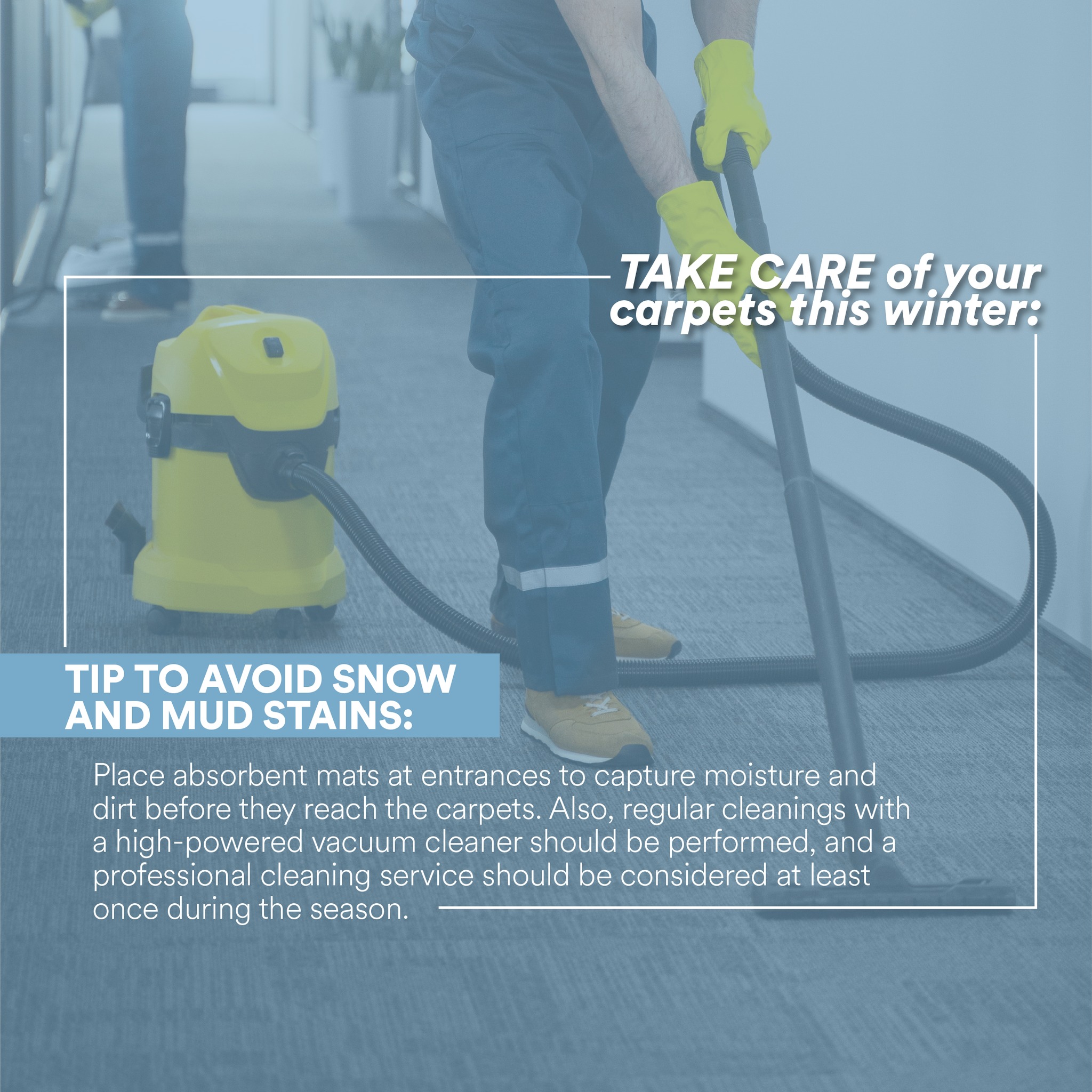 🧼❄️ This winter, protect your carpets from snow and mud stains:
1️⃣ Use absorbent mats at entrances.
2️⃣ Vacuum regularly to remove accumulated dirt.
3️⃣ Consider a professional cleaning to keep them spotless.
Prevent damage and extend their life with these simple steps. Your carpets will thank you! ✨ #WinterCleaning #CarpetCare