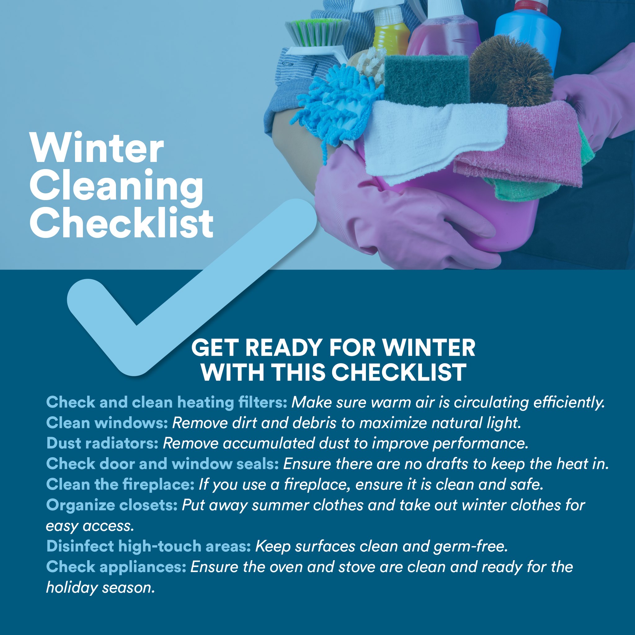 Get ready for winter with our cleaning checklist! 🌨️✨
Don't let the cold catch you by surprise! These simple steps ensure your home is ready for the winter season. Every task counts to keep your home warm and cozy, from cleaning your furnace filters to organizing your closet.
✅ Check out our checklist and start getting your home ready today! Which of these steps would you add to your cleaning routine? Let us know in the comments! 👇💬
#WinterCleaning #CleanHome #Checklist #WinterPreparations #CleaningTips