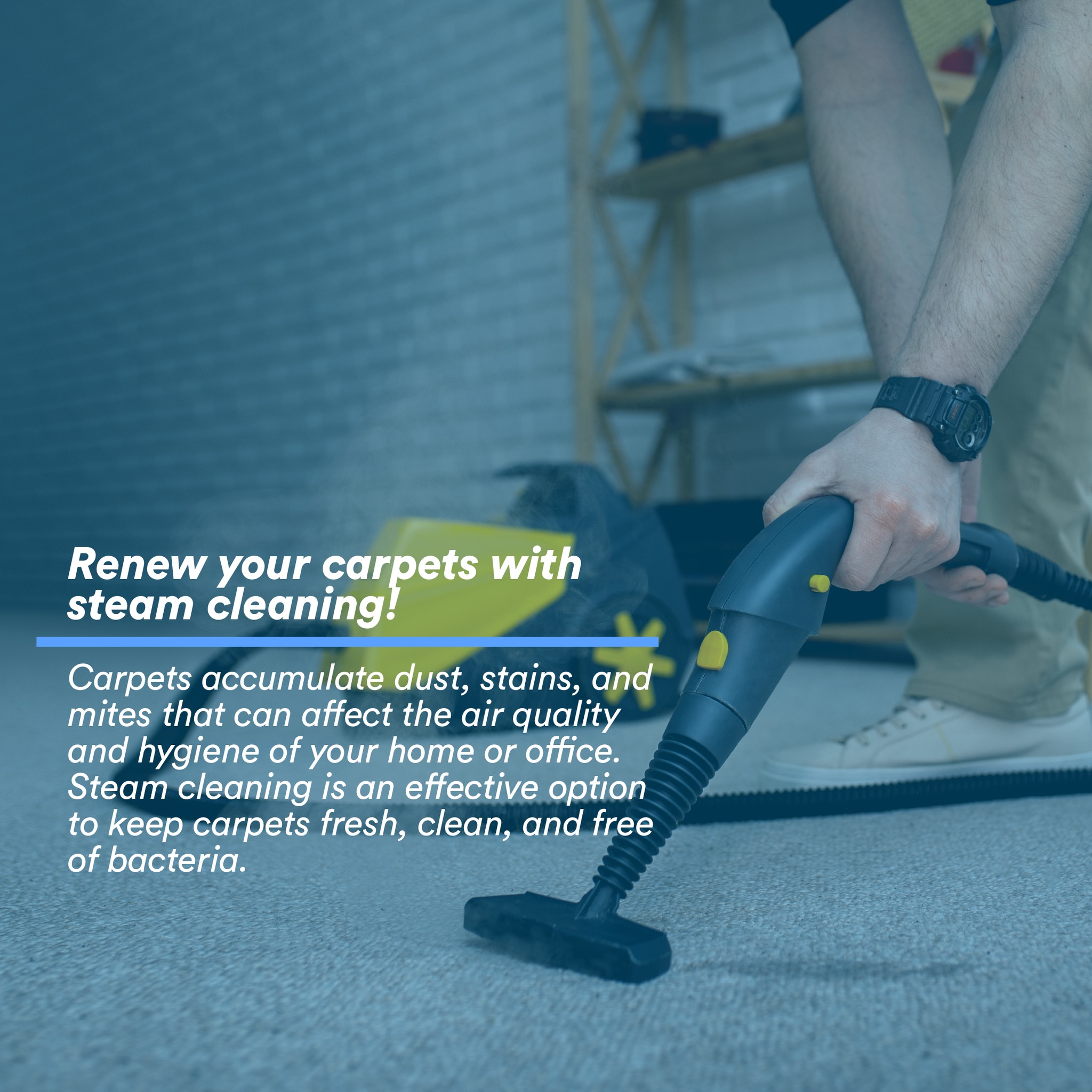 Why choose steam cleaning?
🔹 Eliminates bacteria and mites: High-temperature steam penetrates deep into the fibers and destroys germs, bacteria, and allergens.
🔹 Removes difficult stains: Steam dissolves dirt and stains without damaging the fibers.
🔹 No harsh chemicals: It is an eco-friendly option that does not use toxic products and is ideal for homes with children or pets.
🔹 Restore color and texture: Revitalize carpets and improve their appearance, leaving them like new.
Make your carpets look impeccable and take care of the health of your family and employees with this professional steam cleaning service! 💧✨
📞 Contact us for more information and make your appointment today!
#CleaningByVapor #CleanCarpets #HomeCare #GreenCleaning #HealthAndWellness