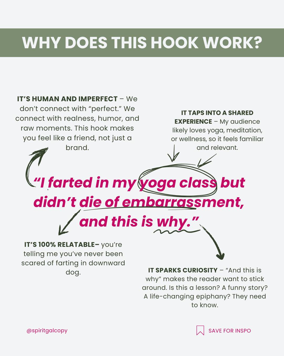 Here’s some funny hook inspiration for you! I love writing hooks that feel like a text from your best friend 😊
p.s apologies if you're next to me at my next yoga class 😬😬