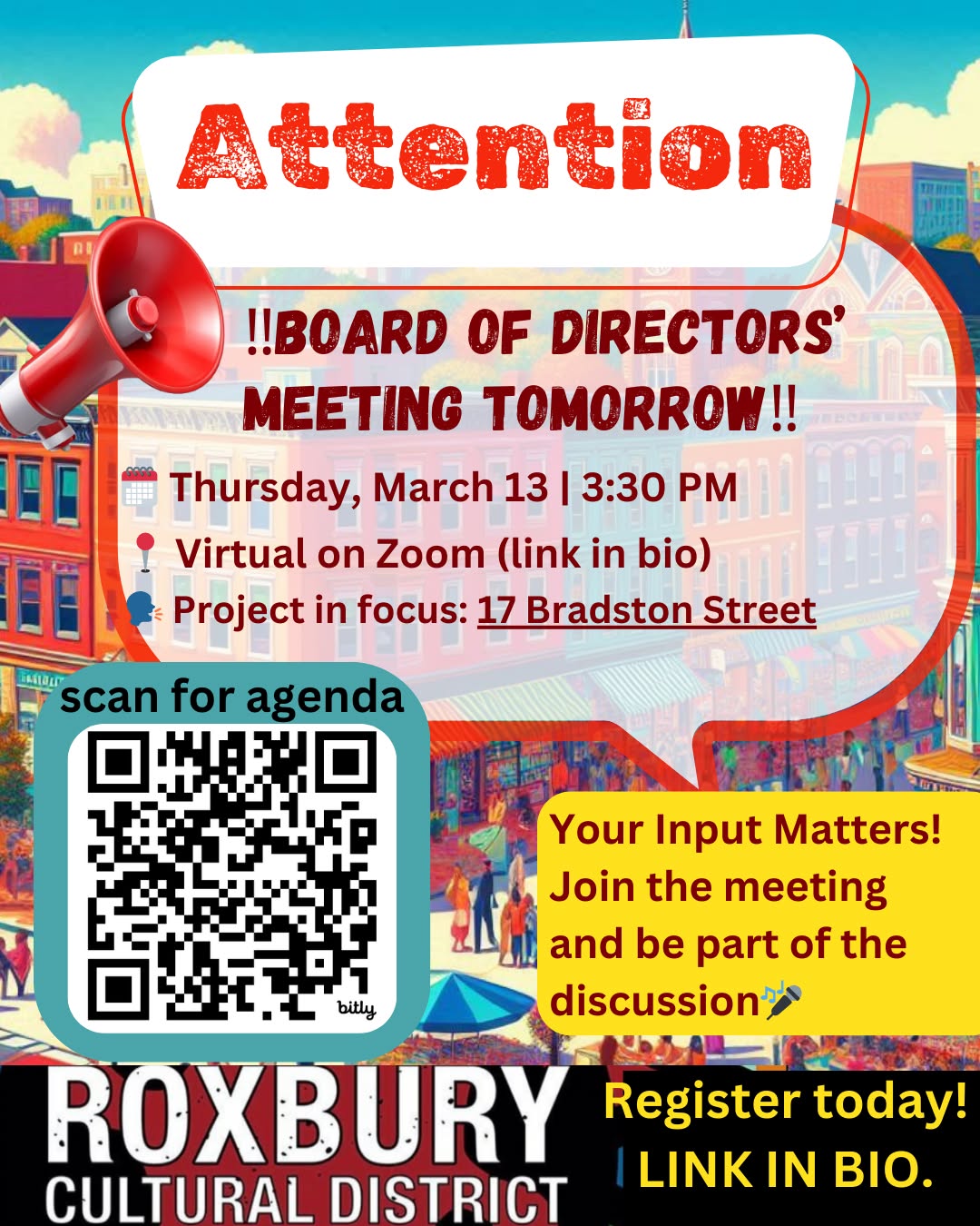 📢 Will you speak up tomorrow and shape the future of Roxbury?
The BPDA Board of Directors is convening to discuss the future of 17 Bradston Street. Your voice matters—join the conversation and have a say in what happens to our community! ✅
Details:
📅 Thursday, March 13, 2025
⏰ 3:30 PM
📍 Virtual on Zoom (link in bio)
The following Roxbury project is up for consideration:
‼️ 🏗 17 Bradston Street ‼️
📌 Sign up and visit the Board Meetings page to view the latest agendas, memos, translated documents, and participation details.
#BPDA #CommunityDevelopment #Roxbury #BostonPlanning #RoxburyCulturalDistrict #Roxbury #RoxburyCulture #RoxburyArt #SupportRoxburyArtists #RoxburyEvents #RoxburyHistory #RoxburyCommunity #RoxburyInnovation #CulturalDistrict #RoxburyPride #RoxburyImpact #CelebrateRoxbur