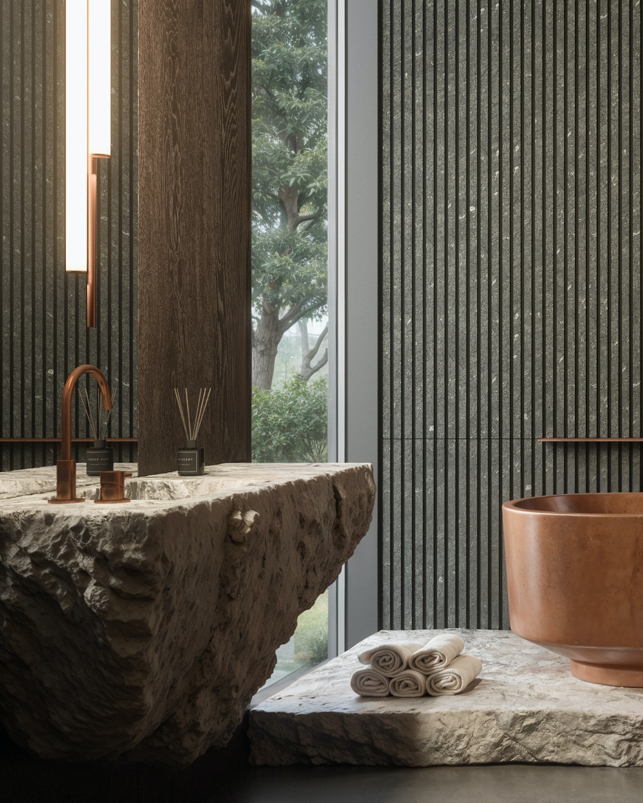 A stunning bathroom design where stone takes center stage. Featuring black acoustic stone panels and elegant design panels, this space combines texture, depth, and natural light for a modern and sophisticated feel.
📩 Contact us for more details!
Un impresionante diseño de baño donde la piedra es la protagonista. Con paneles acústicos de piedra negra y elegantes paneles decorativos, este espacio combina textura, profundidad y luz natural para un ambiente moderno y sofisticado.
📩 ¡Contáctanos para más información!