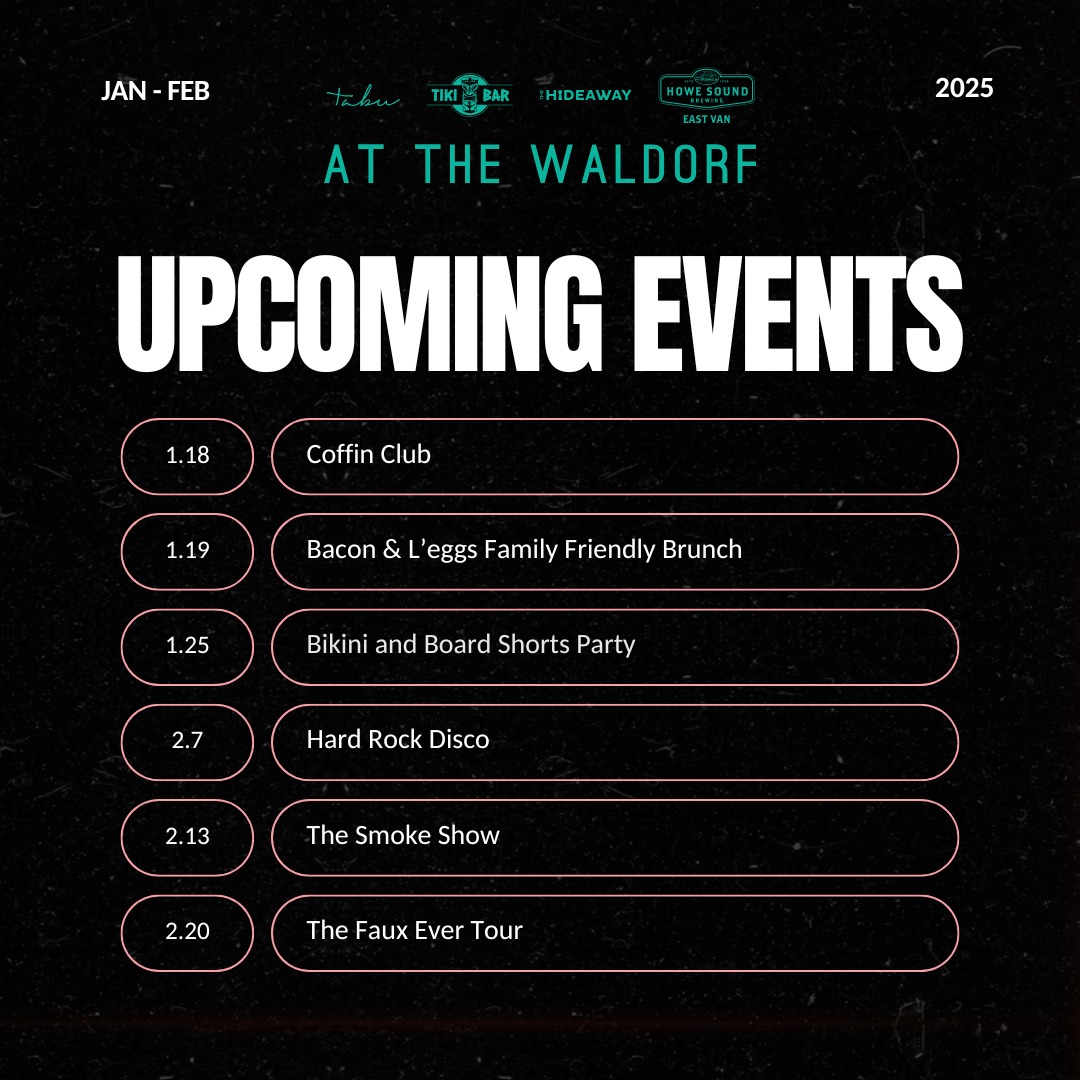 The lineup you’ve been waiting for is here! 🎉✨ From wild parties to epic performances, the Waldorf is the place to be...
🔊 Highlights include:
🎸 Coffin Club (Jan 18)
🥓 Bacon & L’eggs Family Friendly Brunch (Jan 19)
🏖️ Bikini and Board Shorts Party (Jan 25)
📀Hard Rock Disco (Feb 7)
Don’t miss out—mark your calendars and join the fun! 🗓️
🎟🎟 🔗 in Bio, Stories and in our website as well!