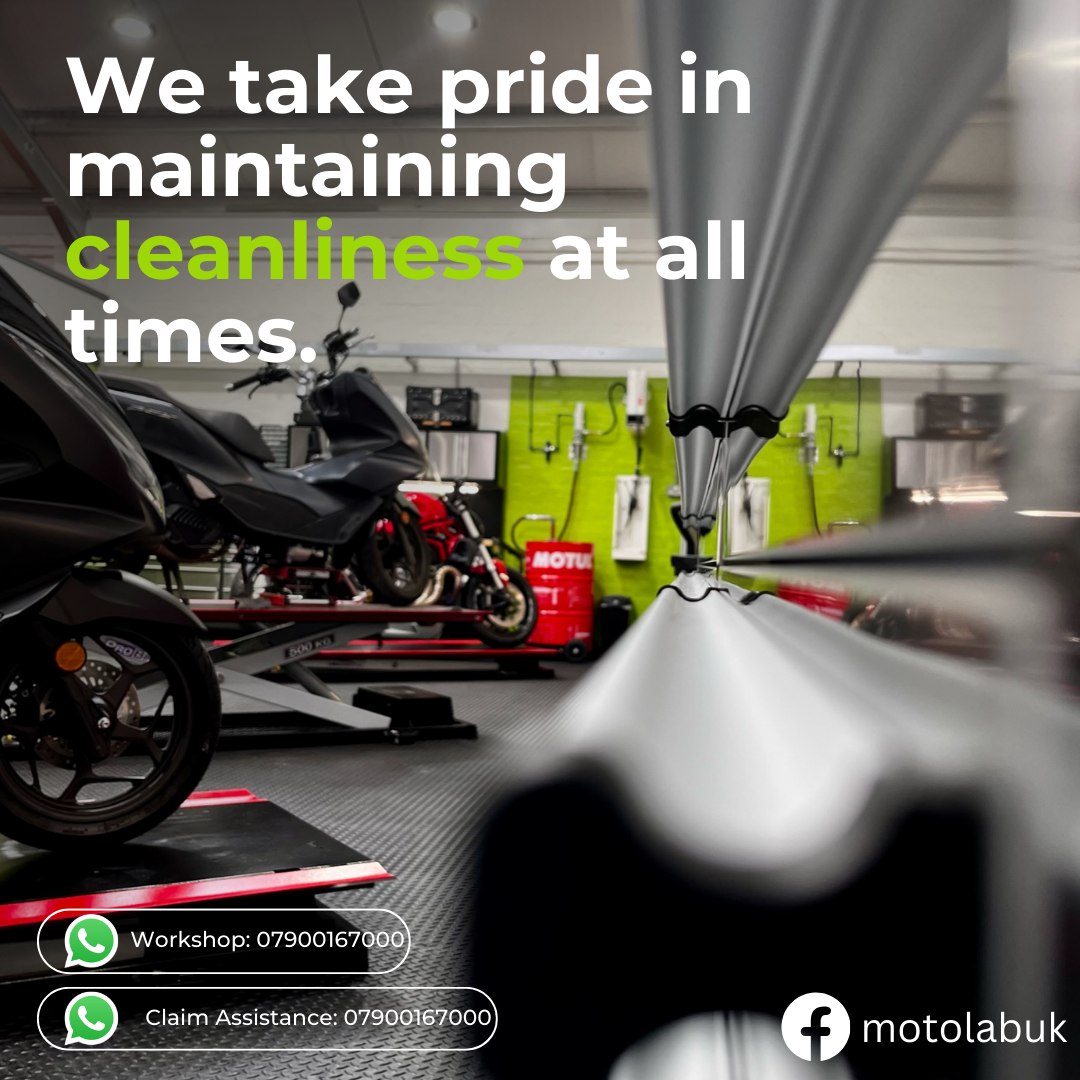 "Cleanliness is our code, and comfort is our creed! 🧼🏍️ At Motolab LTD, we maintain a spotless workshop where OUR bikes feel right at home. We believe that a clean environment not only enhances our workspace but also reflects the care and respect we have for your beloved motorcycles. 🏁✨ #CleanAndComfy #WorkshopPride #MotolabQuality"