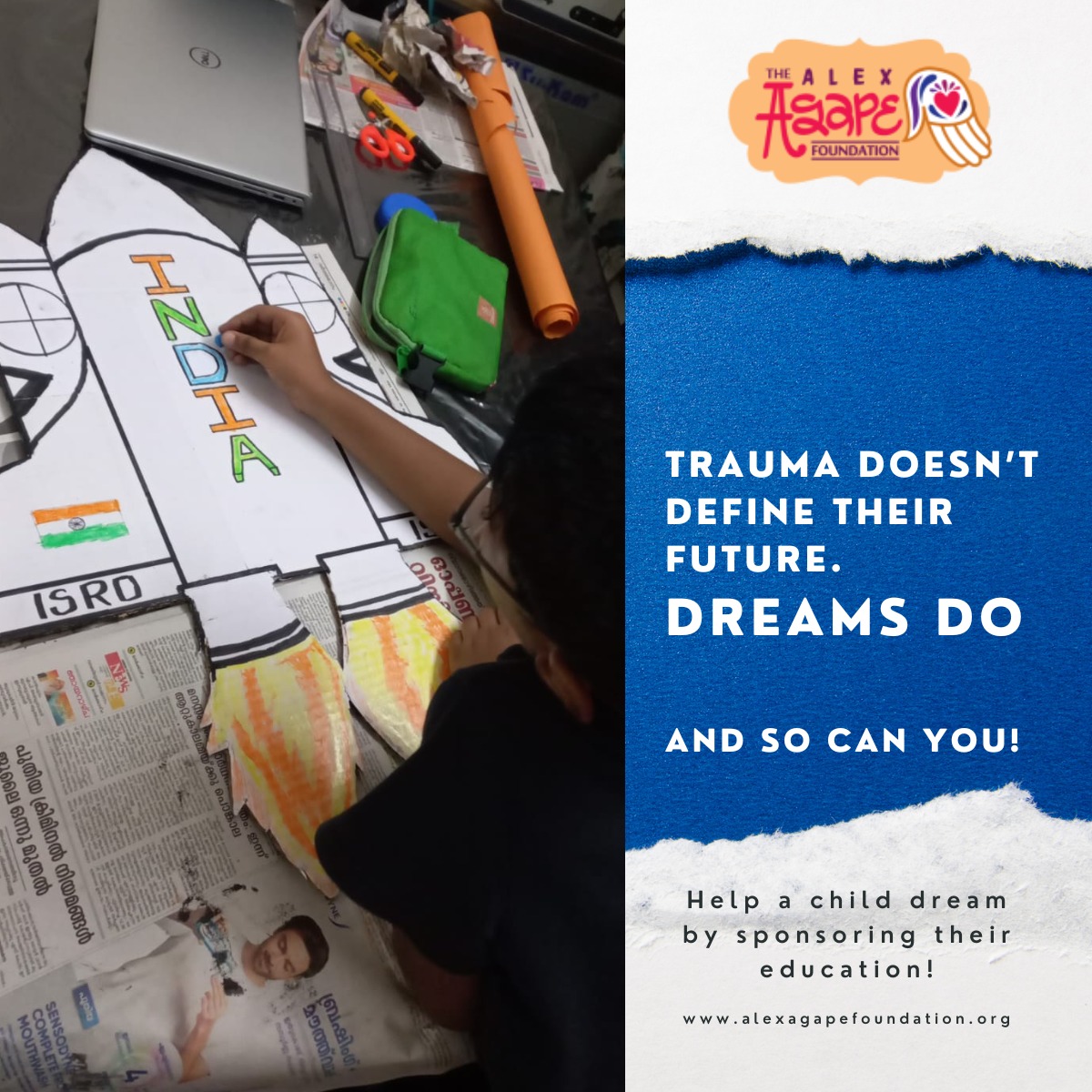 Dreaming Beyond Limits
At Alex Agape Foundation, we teach our children to dream big, no matter their past. While the circumstances they come from may lack hope, we work tirelessly to ensure they are empowered with the confidence and belief that their future holds endless possibilities.
Hereās a glimpse of a young dreamer who loves machines and rockets. One day, he could be working for ISRO, proving that with love, support, and encouragement, the sky is never the limit!
Trauma doesnāt define their future ā dreams do.
Help a child dream by sponsoring their education: https://alex-agape-foundation.danamojo.org/dm/support-alex-agape-home-a-sanctuary-for-45-vulnerable-children-9006
#DreamBig #AlexAgapeFoundation #EmpoweringFutures #ChildrenOfHope #BreakingBarriers #SponsAChild