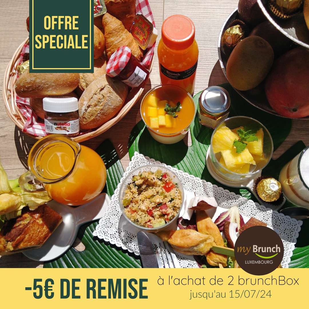 ⛱ OFFRE SPECIALE : -5€ de remise à l'achat de 2 brunchbox. C'est le moment de commander... c'est valable jusqu'au 15/07/24 😎 https://mybrunch.lu