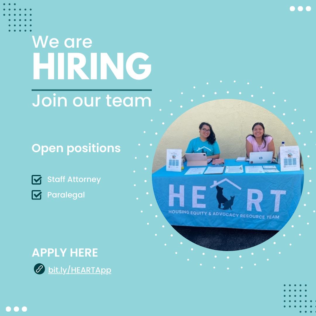 Want to help keep people and their pets together? We are hiring a staff attorney and paralegal to provide eviction defense for tenants experiencing housing insecurity due to their companion animals. Click the link in our bio to apply or visit: https://bit.ly/HEARTApp