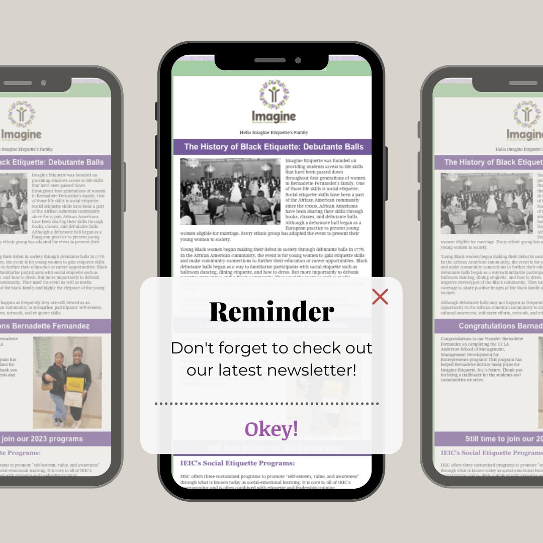 We have a lot to share with you! So keep in touch by subscribing to our monthly newsletter >> www.imagineet.com
#newsletter #ImagineEtiquette #studentengagement #studentenrichment #studentdevelopment #southerncaliforniaschools