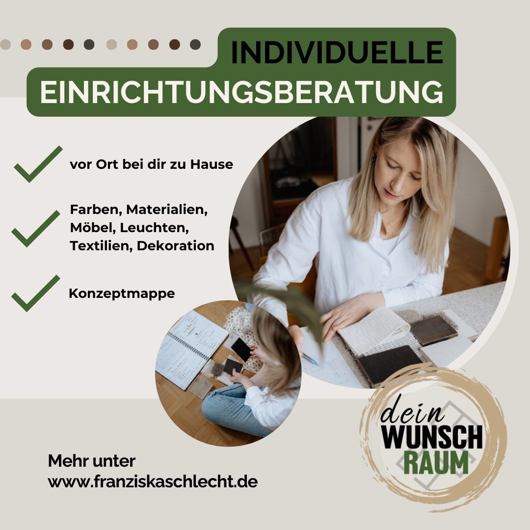 ❎Schluss mit wahllosem Möbelkauf und Farben, die nicht zusammenpassen.
Lass deine verzweifelte Suche nach den richtigen Farben, Materialien, Möbeln und Accessoires hinter dir und buche jetzt gleich eine Einrichtungsberatung bei dir zu Hause.
Ich berate dich zum Grundriss, den Materialien, Farben, Formen, Möbeln und allem, rund um das Thema Inneneinrichtung. ☺️
Lass uns gemeinsam deinen Wunschraum schaffen.
Der Raum, nach dem du dich schon so lange sehnst!🥰