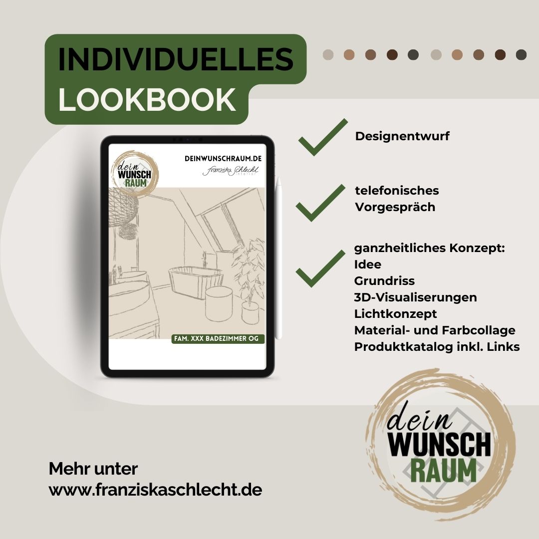 Du wünscht dir eine Inneneinrichtung die perfekt aufeinander abgestimmt ist und keine Wünsche mehr offen lässt?
Du hast keine Lust, monatelang zu überlegen, welche Möbel du gerne hättest und wie du sie am besten in den Raum stellst?
Farben und Materialien überfordern dich, weil du nicht weißt, was zusammen passt?
Dann ist ein deinWunschraum-Lookbook genau das richtige für dich. 🏠✨
Was du bekommst:
o Eine Ideenentwicklung
o Eine 2D-Grundrisszeichnung
o Ein Lichtkonzept
o Eine Material- und Farbcollage
o Einen Produktkatalog
o Eine Visualisierung
So ist der Ablauf:
📞 Persönliches Vorgespräch am Telefon
Wir tauchen ein in deine Wünsche, Ideen und Anforderungen.
Von Farbkonzepten bis hin zu baulichen Veränderungen - alles kommt auf den Tisch!
🎨 Erstellung deines individuellen Lookbooks
Ich zaubere ein ganzheitliches Konzept, maßgeschneidert für dich!
Lass uns zusammen den Raum erschaffen, von dem du schon immer geträumt hast! Keine halben Sachen mehr, sondern ein durchdachtes Konzept von A bis Z. 🥰
Einfach unter www.franziskaschlecht.de oder per DM buchen!