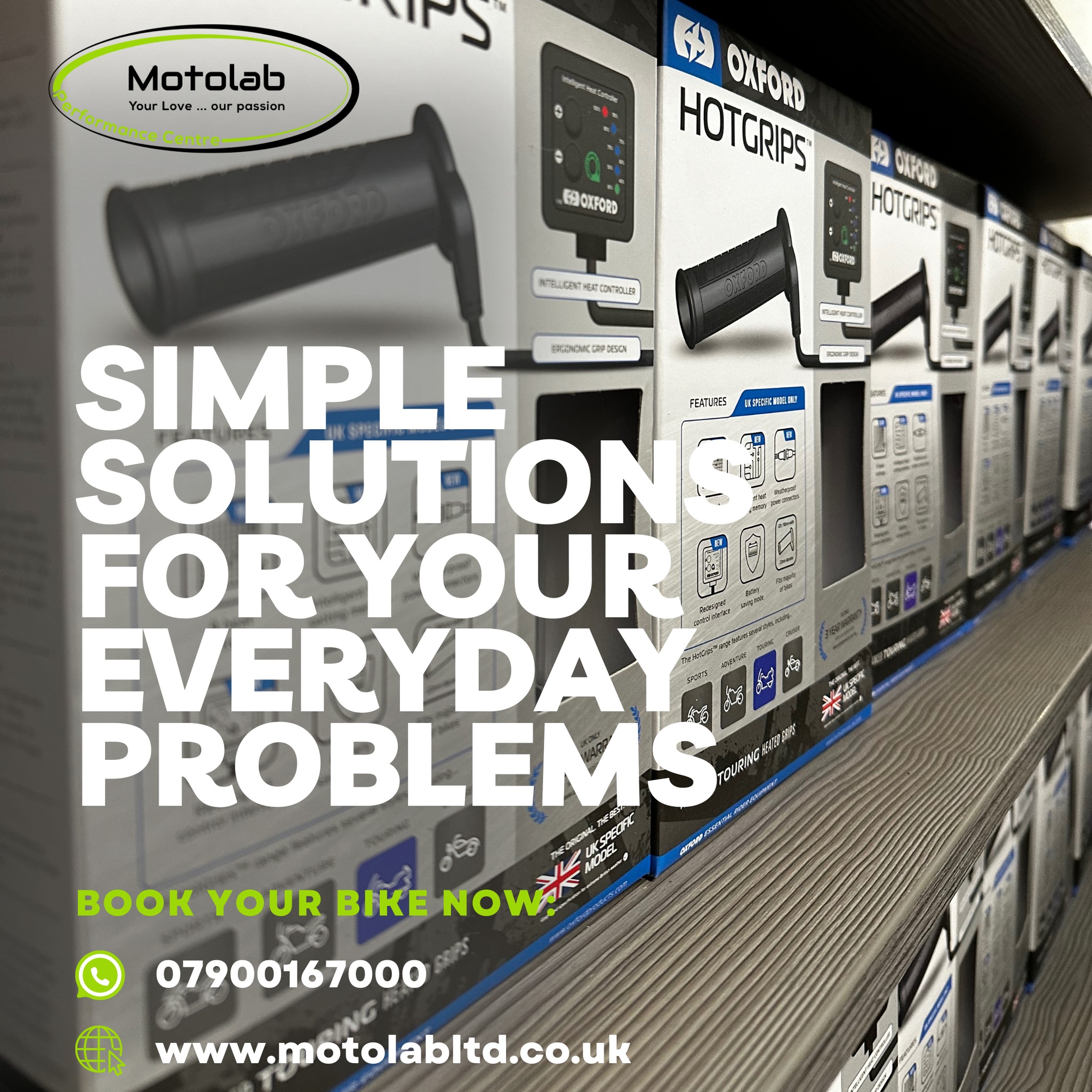 Riding into winter blues? βοΈ Say goodbye to chilly hands with our simple solution: Oxford Heated Grips! ποΈ Warmth in every ride, just for you. Visit www.motolabltd.co.uk or call π07900167000 to book your bike in and ride comfortably through the cold season. #RideWarm #HeatedGrips #WinterRiding