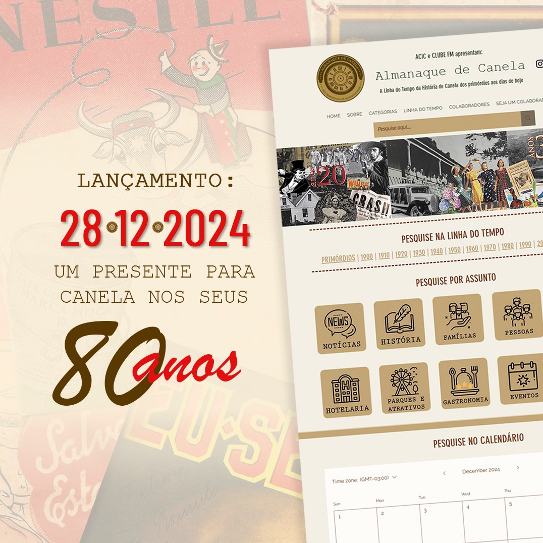 Ao editar o Almanaque da História e do Turismo de Canela há cinco anos, chegamos ao final do trabalho com muita pena por não ter espaço para reproduzir todas as pesquisas, as entrevistas que fizemos e todas as histórias que ouvimos sobre as famílias, as empresas, os fatos e as fotos que testemunharam a formação da cidade.
São histórias sem fim... Histórias que não acabam mais...
E nós acreditamos que as histórias de uma cidade merecem ser conhecidas por todos os seus cidadãos e pelos leitores do futuro. Por isso transcrevemos todo o conteúdo para um site. Um site acessível a todos e que será sempre atualizado com novas histórias.
Um presente para comemorar os 80 anos de Canela!
www.almanaquedecanela.com.br
Realização: Adriana Guimarães e Liliana Reid
@aciccanela, @clube.885, @brockerturismo