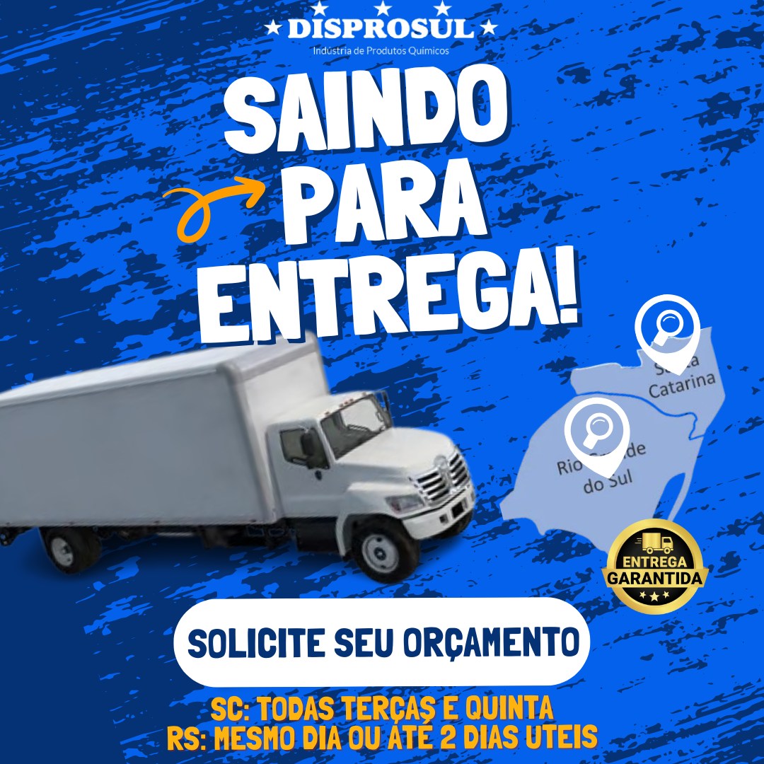 ⚠️ Parar sua produção por falta de insumos? Aqui isso não acontece!
Na Disprosul, garantimos entrega rápida e segura, para você manter sua operação rodando sem interrupções.
🚛 Compromisso com a entrega:
📌 SC – Terças e Quintas
📌 RS – No mesmo dia ou até 2 dias
💡 Chega no prazo. Sem imprevistos. Sem prejuízos.
📞 Fale com um especialista agora e peça seu orçamento!