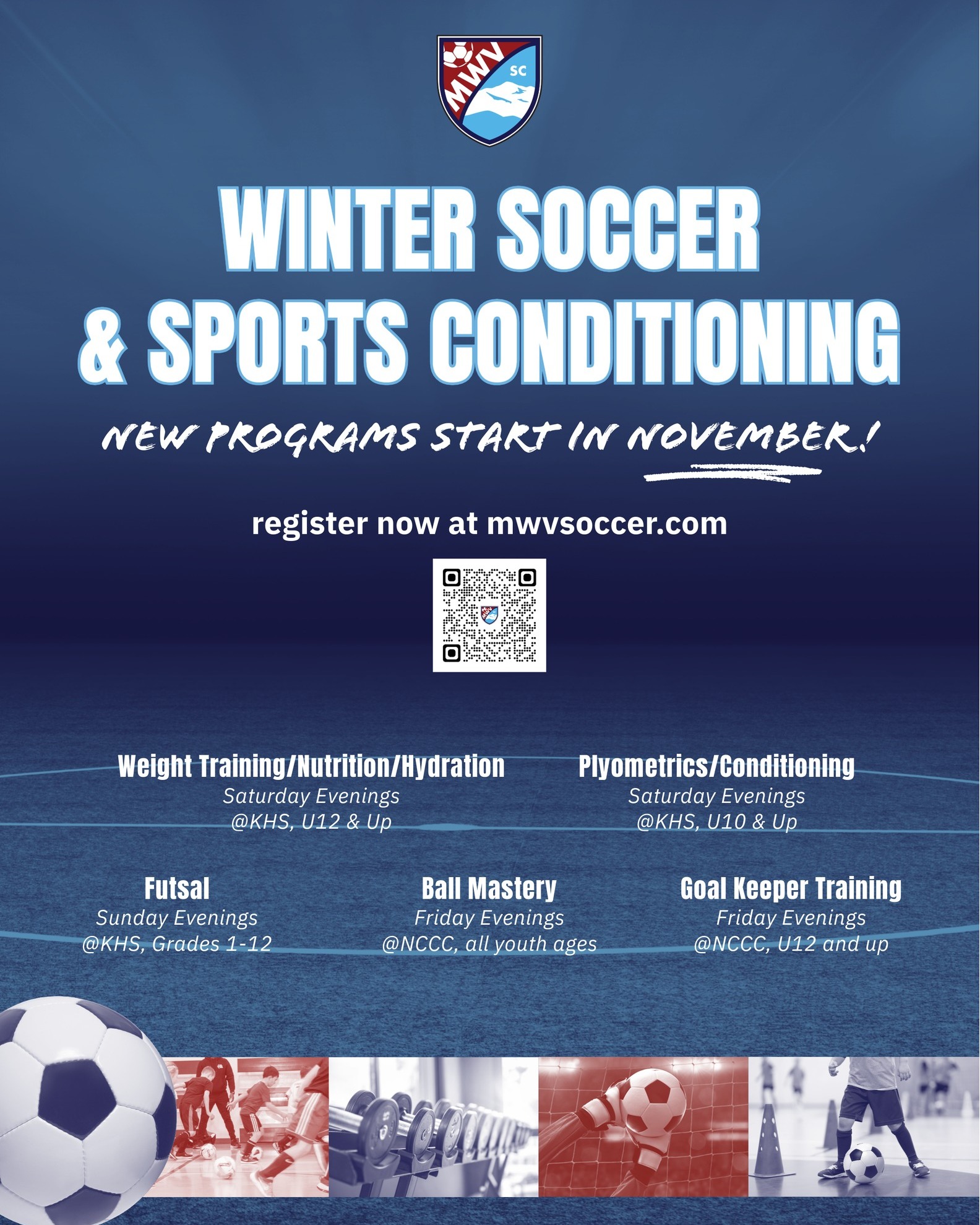 Register now for winter youth programs in NorthConway! Competition and skill development for soccer players, plus conditioning programs for athletes of any sport and even non-athletes. https://mwvsoccer.com for details and registration.