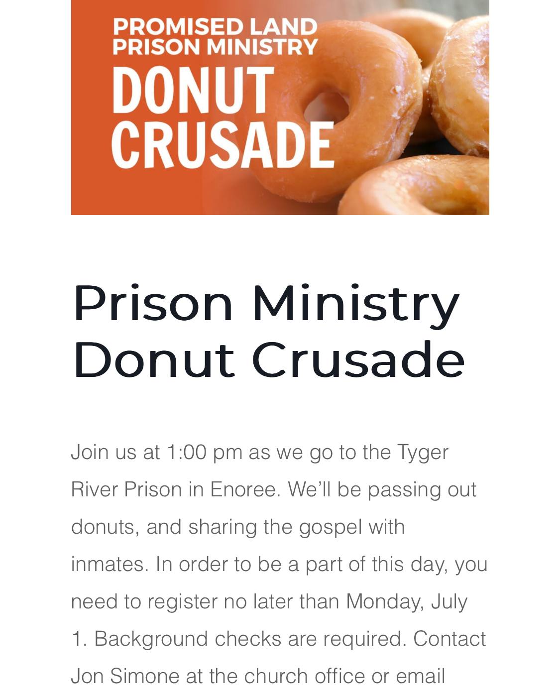 Volunteer for our next Prison Ministry Crusade - jsimone@fbns.org by July 1, 2024