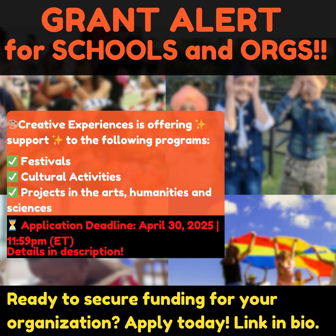 🎨Apply Now! Creative Experiences is offering grant opportunities for organizations (including schools)!
Relevant Projects include:
✅ Festivals
✅ Cultural Activities
✅ Projects in the arts, humanities, and sciences
This program combines Festivals / Projects and Creative Projects for Schools into one streamlined process.
💸 Grant Amounts:
✅ $2,500 or $5,000 for activities taking place between July 1, 2025, and June 30, 2026.
Applications from the following are strongly encouraged:
✨ Native American, Indigenous, or Urban Indian organizations
✨ Black, Indigenous, and People of Color (BIPOC) organizations
✨ d/Deaf & Disability organizations
✨ Organizations serving vulnerable populations
🌟 Don’t miss this opportunity to bring creative experiences to your community! Apply today! Link in bio.