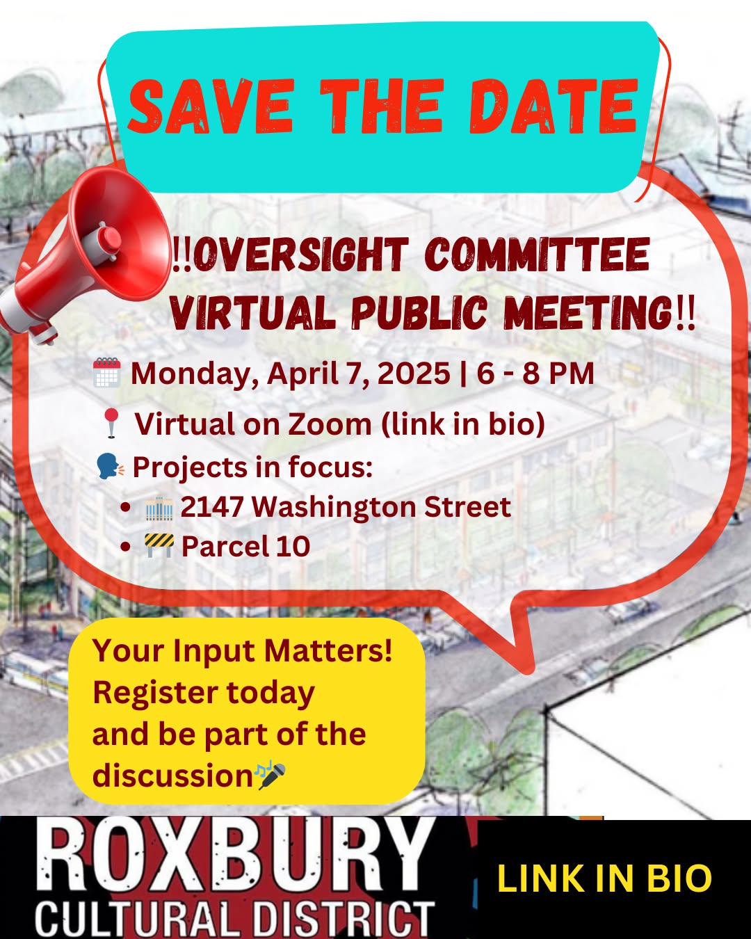 📢 Join Us for the Oversight Committee Virtual Public Meeting that will determine the future of Nubian Square!
🗓️ Date: Monday, April 7, 2025
⏰ Time: 6:00 PM – 8:00 PM
🔗 Register Here: bit.ly/RSMPOC-APR2025
📞 Toll-Free Call-In Number: (833) 568-8864
🆔 Meeting ID: 161 823 9387
The Roxbury Strategic Master Plan Oversight Committee (RSMPOC) is currently overseeing projects on PLAN: Nubian Square. Join us on April 7 to discuss development and planning in Nubian Square for the following projects:
- 🏢 2147 Washington Street
- 🚧 Parcel 10
You might wonder, "Why should I join?"
Join because these meetings are open to the public, and your input matters! This is your chance to engage with the community, stay informed, and help shape the future of YOUR neighborhood.
Want to learn more? Visit the "Roxbury Strategic Master Plan" from the link in our bio.
Come connect with your neighbors and have a say in your neighborhood's future! Registration link in bio.
#RoxburyCulturalDistrict #Roxbury #RoxburyCulture #RoxburyArt #SupportRoxburyArtists #RoxburyEvents #RoxburyHistory #RoxburyCommunity #RoxburyInnovation #CulturalDistrict #RoxburyPride #RoxburyImpact #CelebrateRoxbury