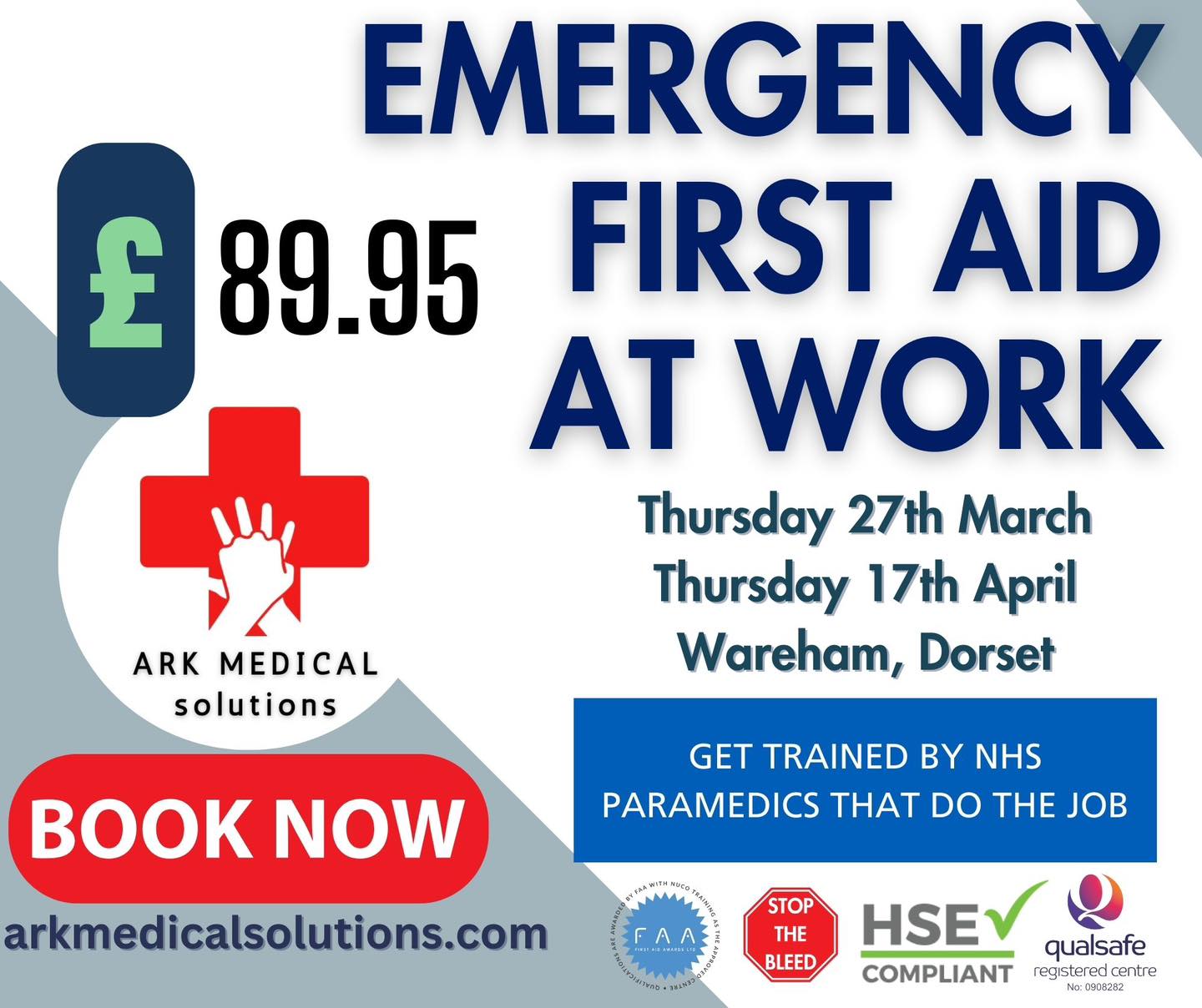 Booking your first aid course with Ark Medical Solutions comes with several key benefits:
1. Qualified Instructors: Our courses are only led by experienced and currently serving 999 personnel and NHS Paramedics, ensuring you receive high-quality education from people that do the job, not an instructor who never has.
2. Tailored Courses: We offer a variety of courses that can be customised to meet the specific needs of your workplace or organisation, ensuring relevance and applicability. We can offer blended learning, eLearning and mixed qualification courses. For example we can deliver your adult and paediatric emergency first aid all in one day!
3. Hands-On Training: We at Ark Medical Solutions emphasise practical, hands-on training, allowing participants to practice skills in realistic scenarios, which enhances retention and confidence. Our next generation manikins are UK Resus Council compliant and provide real time feedback to develop your understanding and capability.
4. Certification: Upon completion, you receive nationally recognised certification, which is essential for compliance with workplace regulations. Our prices always include this.
5. Flexible Scheduling: We provide flexible training options, including on-site training at your location, making it convenient for businesses and organisations to schedule sessions. Our blended learning and mixed qualification options also minimises the time staff are abstracted for training, reducing your costs.
6. Educational Support: After the course, participants often have access to resources and support, helping them stay updated on best practices and refresh their skills, including course manuals and discounted refresher training from as little as £10.
7. Positive Feedback: Many previous participants commend the quality of training and the knowledge gained, reflecting Ark Medical Solutions' commitment to excellence. Our testimonials really do speak for themselves and evidence why First Aid should only be taught by serving 999 staff and NHS Paramedics.
“Training by those that do the job”