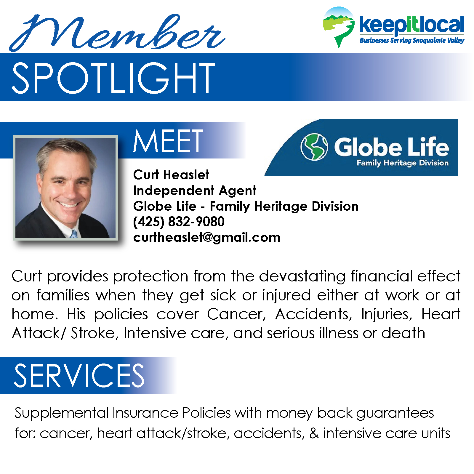 Meet Curt Heaslet, this week’s Member Spotlight and one of our newest Members. Globe Life Family Heritage Division has been helping protect hardworking Americans with life and supplemental health insurance coverage since 1989. Their products help protect Americans' financial futures during the worst time of their lives. If you're looking for supplemental health insurance, give Curt a call, he can help you out!