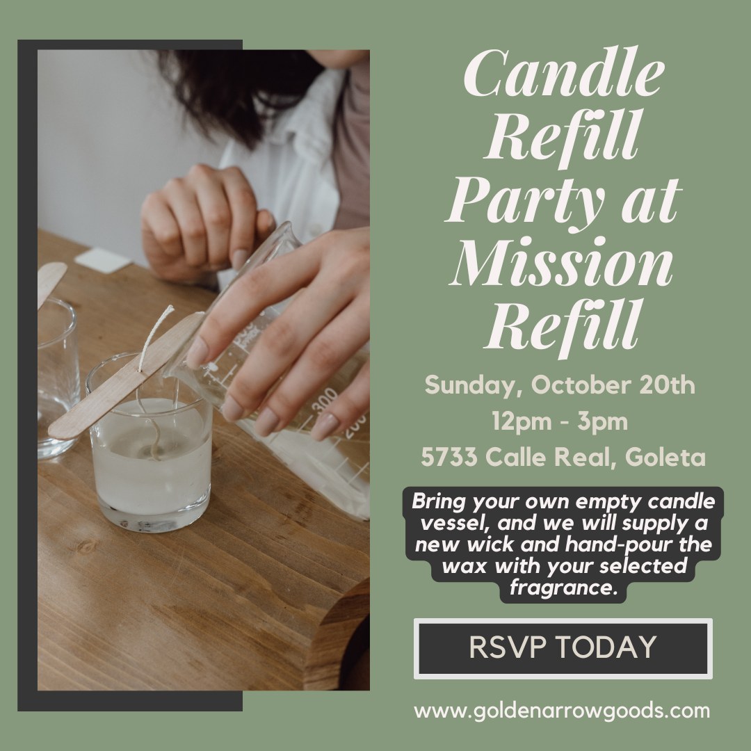 🌿✨ Join us for a Candle Refill Party at @missionrefill! ✨🌿
Bring your empty candle vessels, and we’ll breathe new life into them with fresh wax and your choice of scent! 🌸🕯️
📅 Sunday, October 20th
🕛 12pm - 3pm
📍 Mission Refill - 5733 Calle Real, Goleta
Pour your candle by 3:00pm and pick up by 5:00pm or the following day!
This is the perfect opportunity to create a sustainable, custom candle while enjoying a fun, hands-on experience. 💚
Tap the link in bio under events to RSVP today! We can’t wait to see you there. 🎉 More info and pricing on our website.
#CandleRefillParty #SustainableLiving #GoldenArrowGoods #MissionRefill #CandleLovers #GoletaEvents #HandPouredCandles #RefillAndReuse