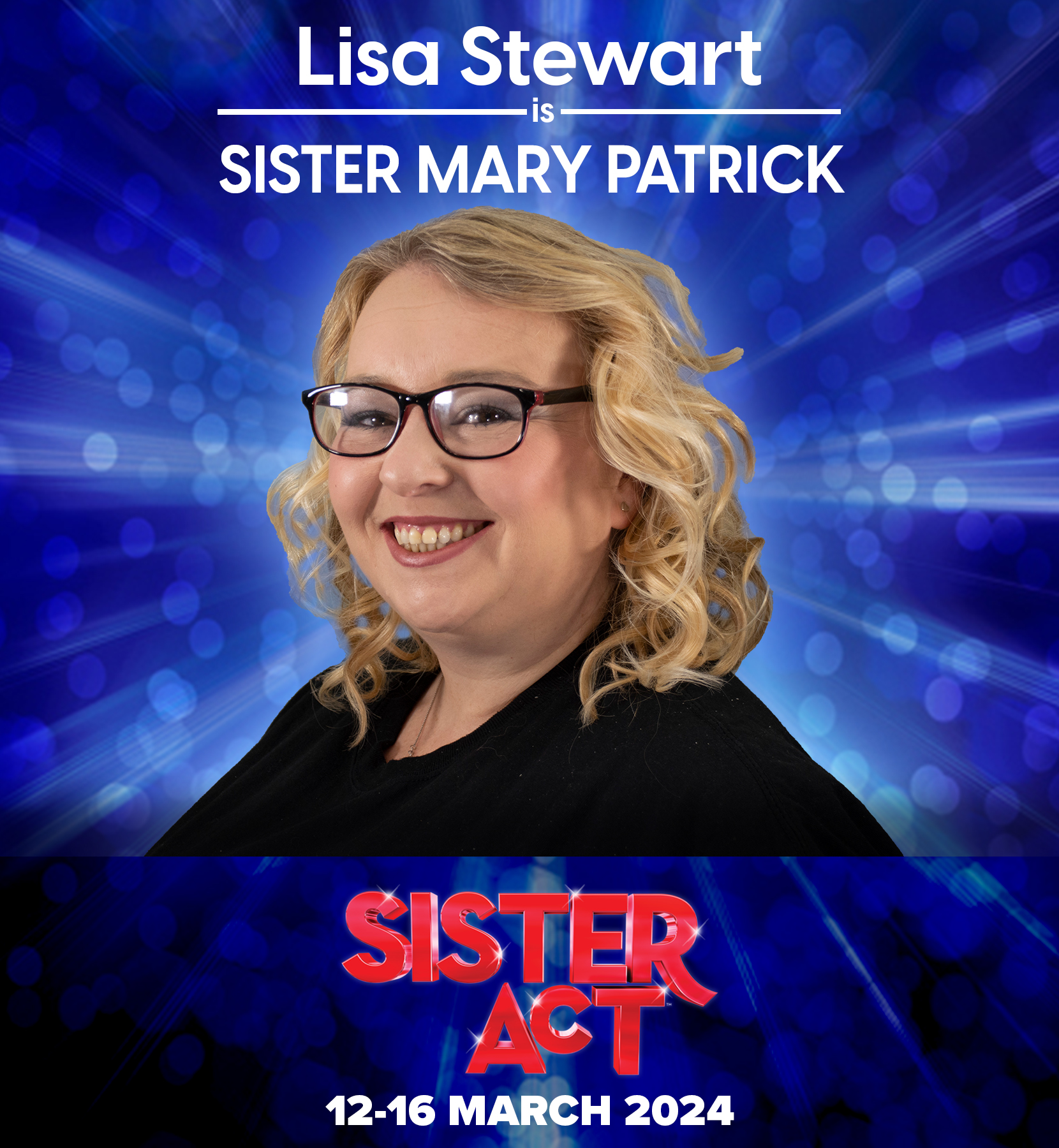 Next in the meet the nuns series is Lisa, playing the bubbly and enthusiastic Sister Mary Patrick. See Lisa embracing every moment of nun life at the Stoke Rep from 12-16 March. Book Now at www.nsosltd.org/sisteract
I am delighted to be playing Mary Patrick in our March production of Sister Act. Sister Mary Patrick is a fun, bubbly character that finds the joy in everything!. She loves being a Nun and enjoys sharing her passion with others. She gets very excited & intrigued by the arrival of Sister Mary Clarence and they form a beautiful yet unlikely friendship. This is my 4th show with NSOS, first appearing in Made in Dagenham, and then playing the roles of Marion in Priscilla and Trish in Kinky Boots. I love performing with my NSOS family and I am thrilled to share the stage again with my husband and my daughter Amy as she takes on her first principal role. I am very proud!.. & Very excited!